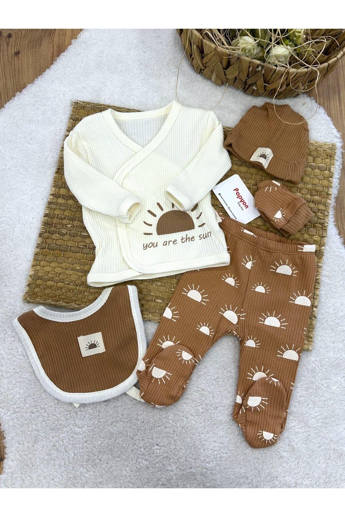 Papyon Baby Kids Güneş Baskılı Soft Yenidoğan Erkek Bebek 5li Zıbın Set Hastane Çıkışı