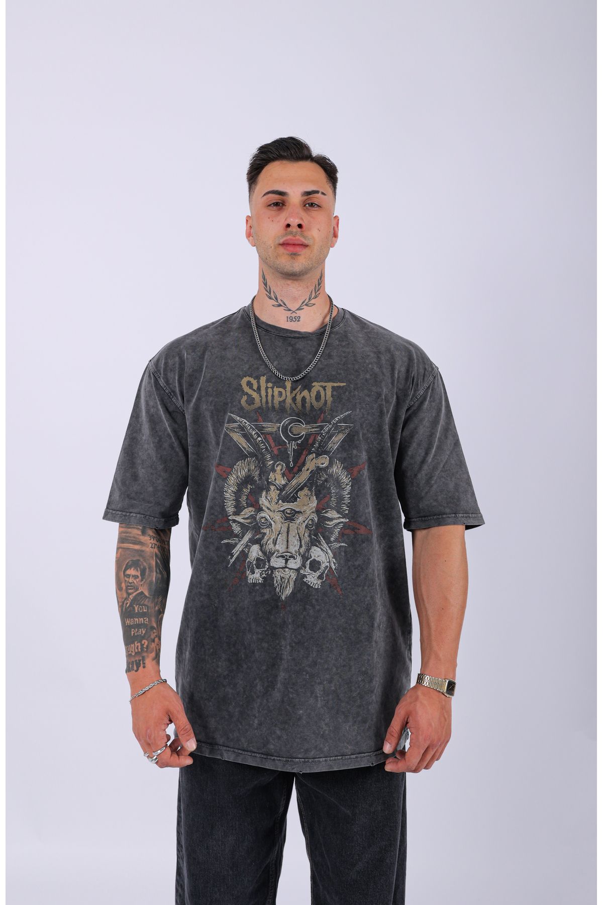 Lescho UNISEX SLİPKNOT BASKILI ÖZEL YIKAMALI OVERSIZE T-SHIRT