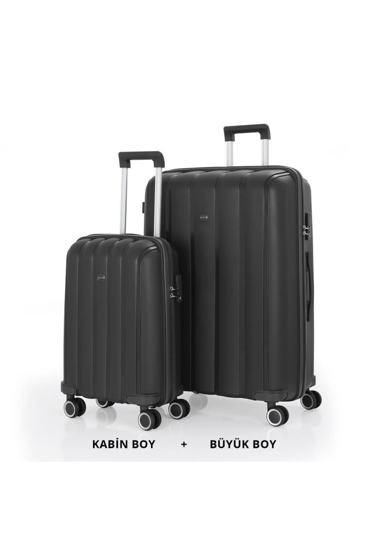MÇS Bavul Büyük ve Kabin 2li Set Kırılmaz Silikon Valiz V305 Siyah