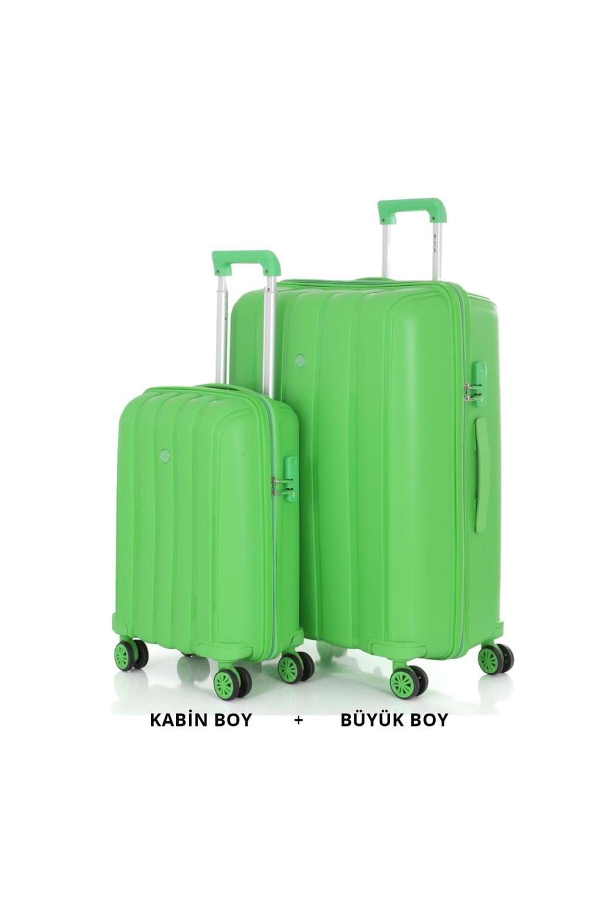 MÇS Bavul Büyük ve Kabin 2li Set Kırılmaz Silikon Valiz V305 FıstıkYeşil