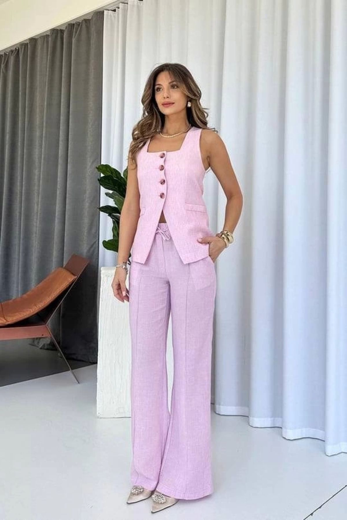 Myra Keten Yelek Pantolon Takım-Pembe