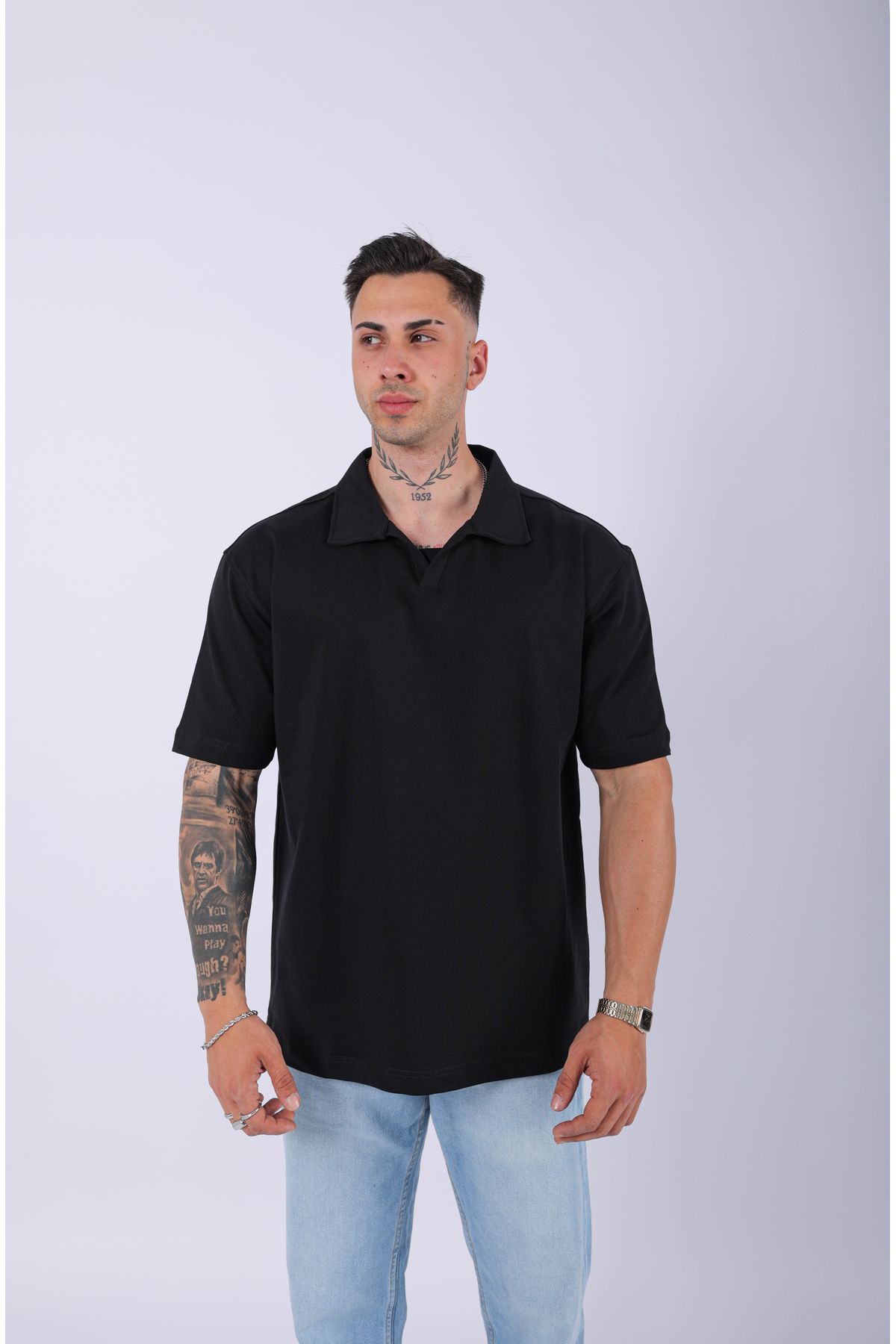 Lescho UNISEX POLO YAKA DÜZ SİYAH OVERSIZE T-SHIRT