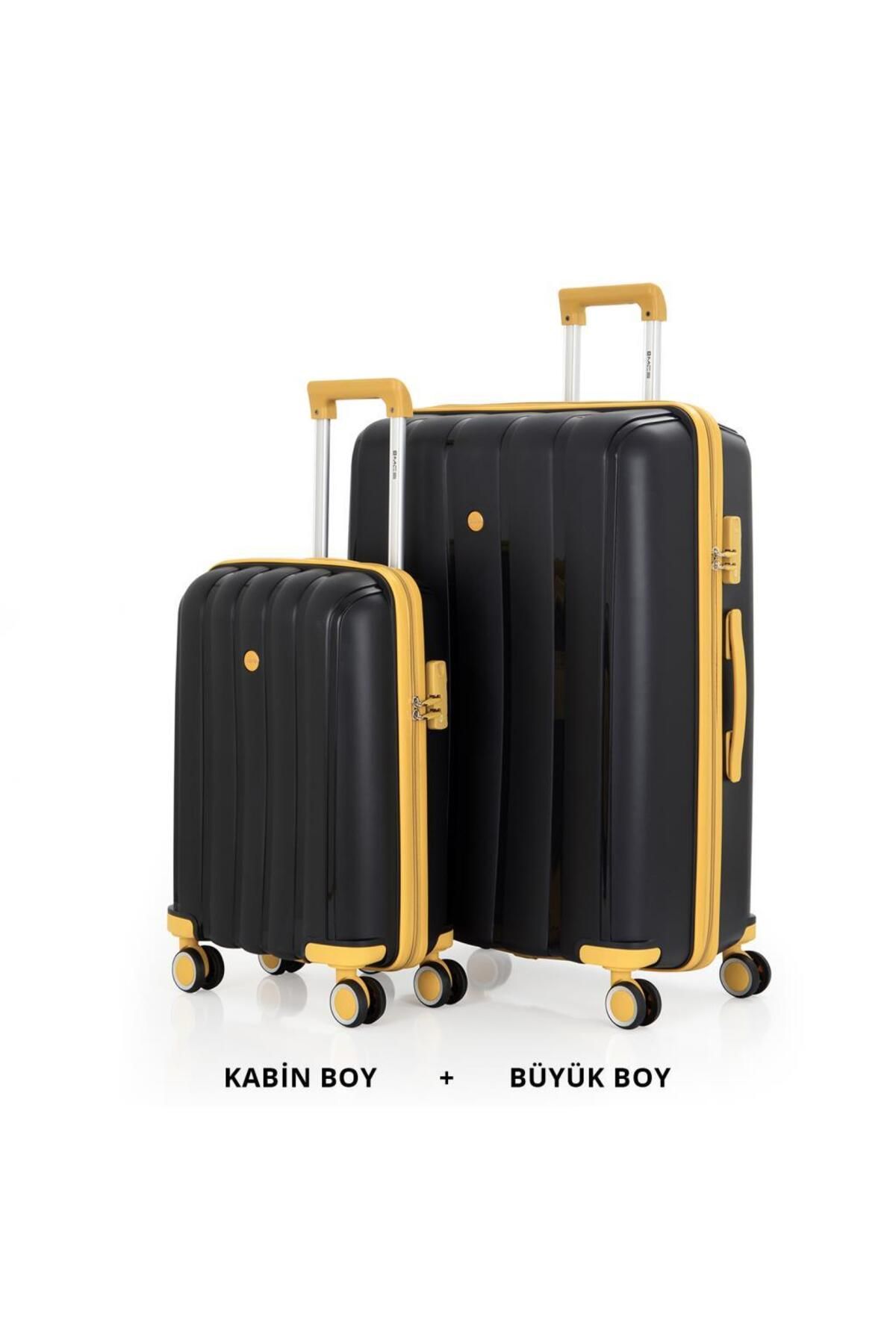 MÇS Bavul Büyük ve Kabin 2li Set Kırılmaz Silikon Valiz V305 Siyah/Sarı