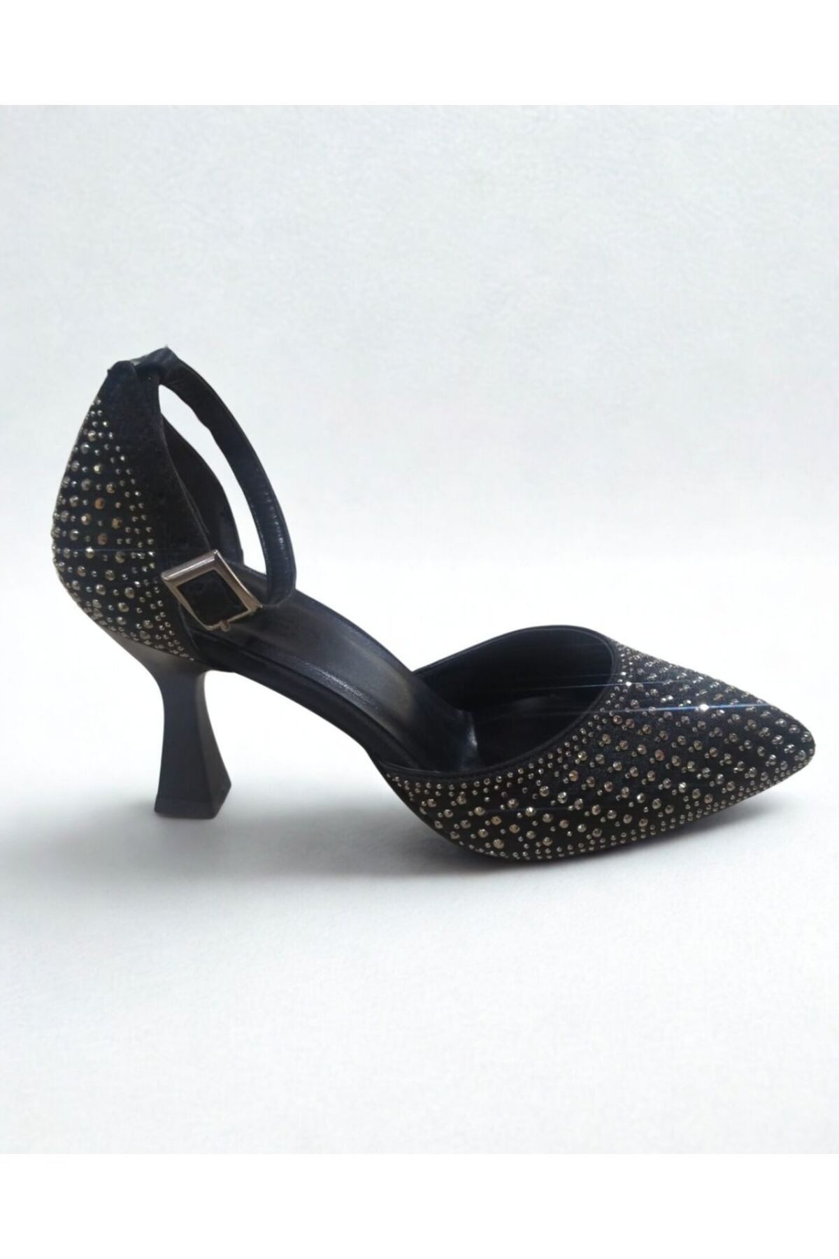 LINASHOES07 Siyah Taşlı Topuklu Stiletto Bilekten Kemerli Parlak Taşlı Düğün Ayakkabısı