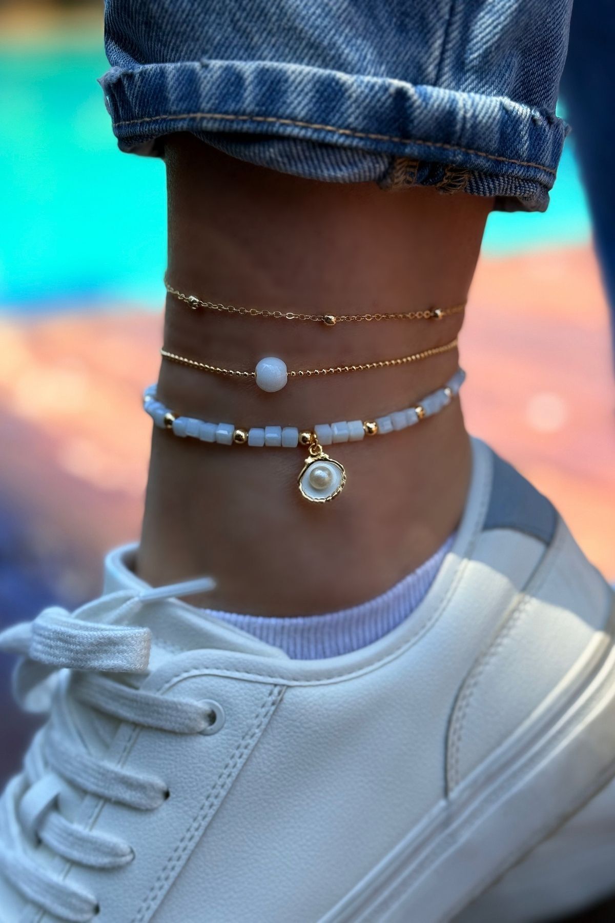 Trendy Butik Yaz Esintisi - Beyaz Kristal Halhal Kombini (3 Adet)