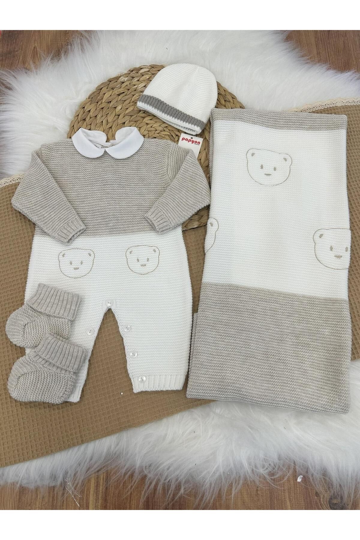 Papyon Baby Kids Çift Renk Panda Nakışlı Tulumlu Yenidoğan Erkek Bebek 4lü Triko Set