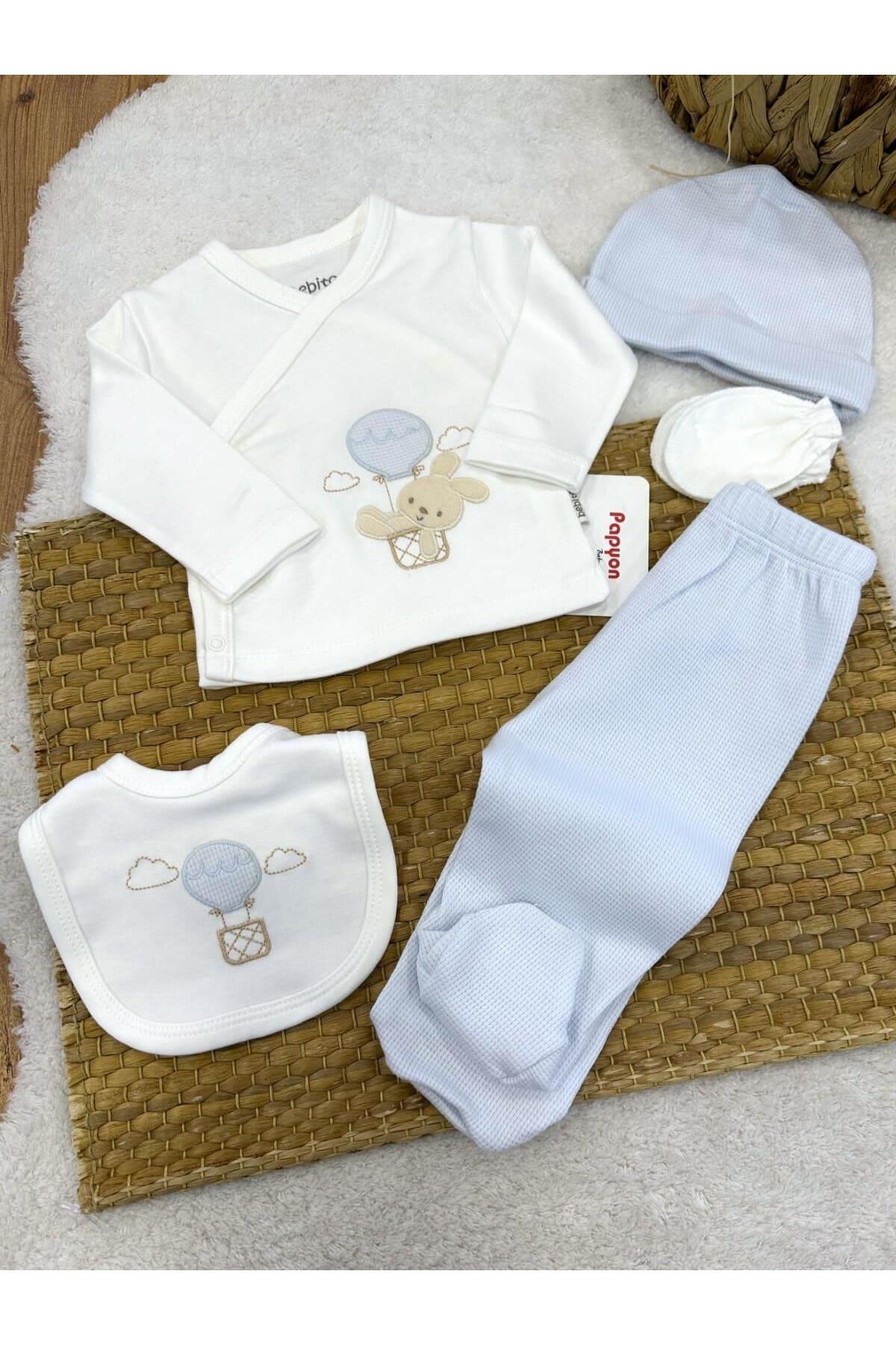 Papyon Baby Kids Balonlu Ayıcık Nakışlı Yenidoğan Erkek Bebek 5li Zıbın Set