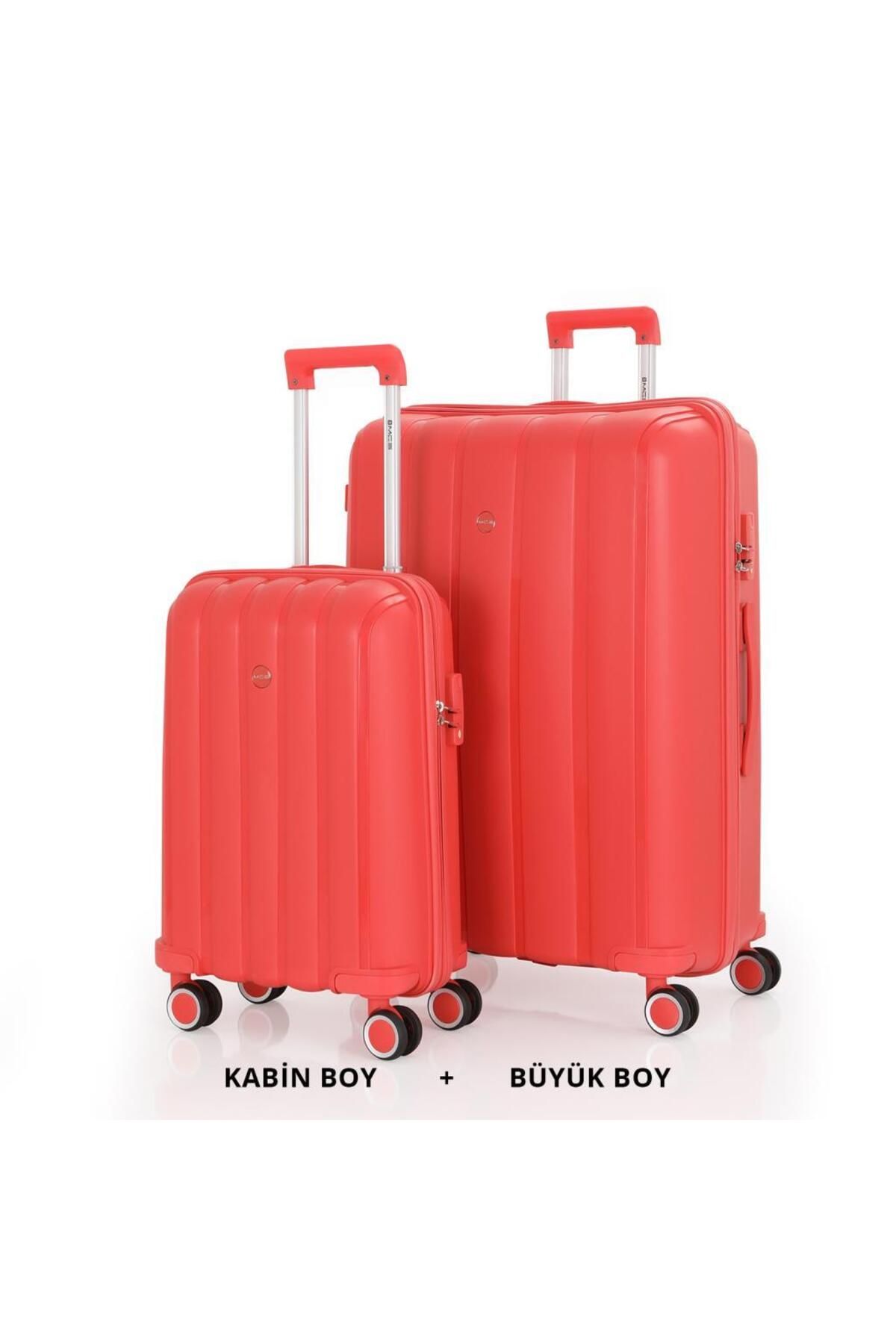MÇS Bavul Büyük ve Kabin 2li Set Kırılmaz Silikon Valiz V305 Mercan