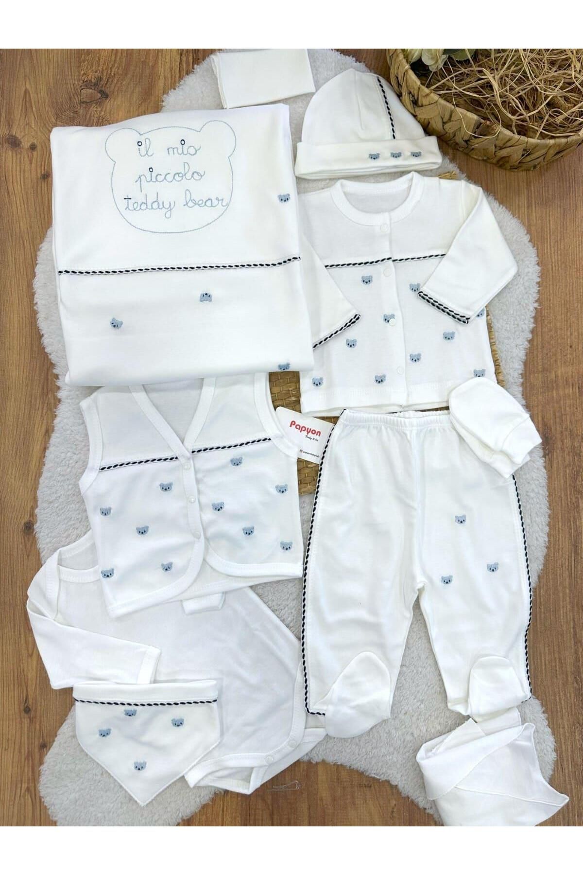 Papyon Baby Kids Ayıcık Kafa Nakışlı Yenidoğan Erkek Bebek 10lu Zıbın Set Hastane Çıkışı