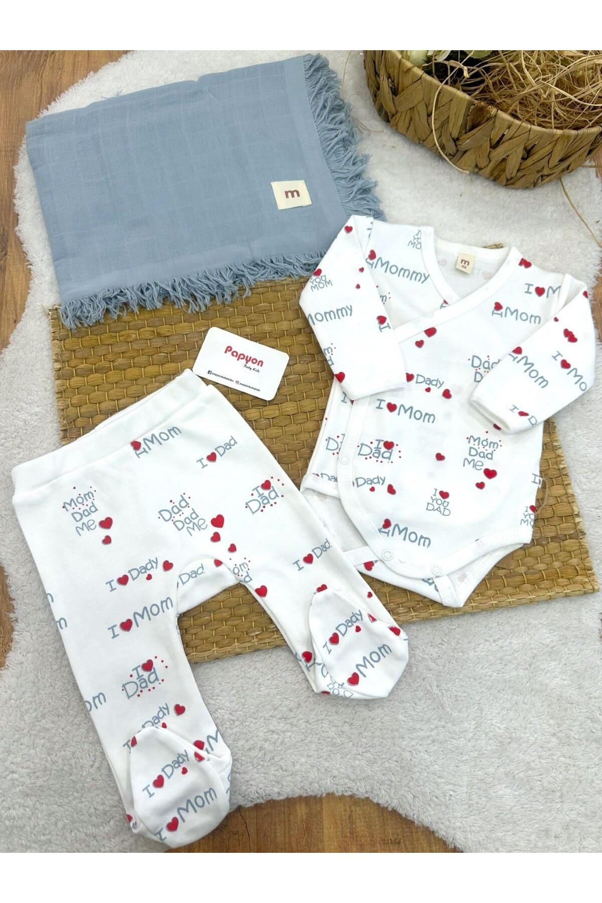 Papyon Baby Kids Mom Dad Me Baskılı Çıtçıtlı Badi Alt Müslin Battaniyeli Yenidoğan Uniseks Bebek 3lü Set