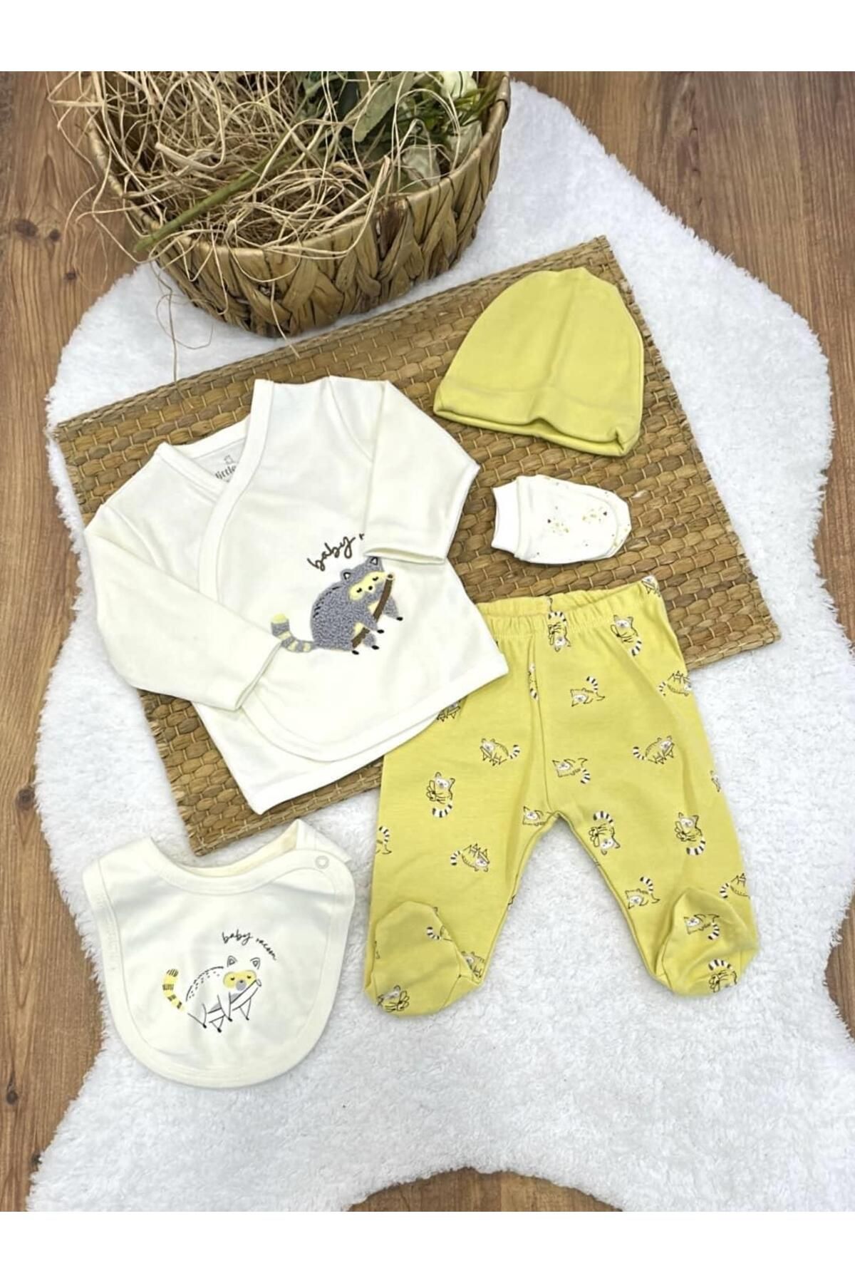 Papyon Baby Kids Süzene Rakun Nakışlı Yenidoğan Erkek Bebek 5li Zıbın Set Hastane Çıkışı