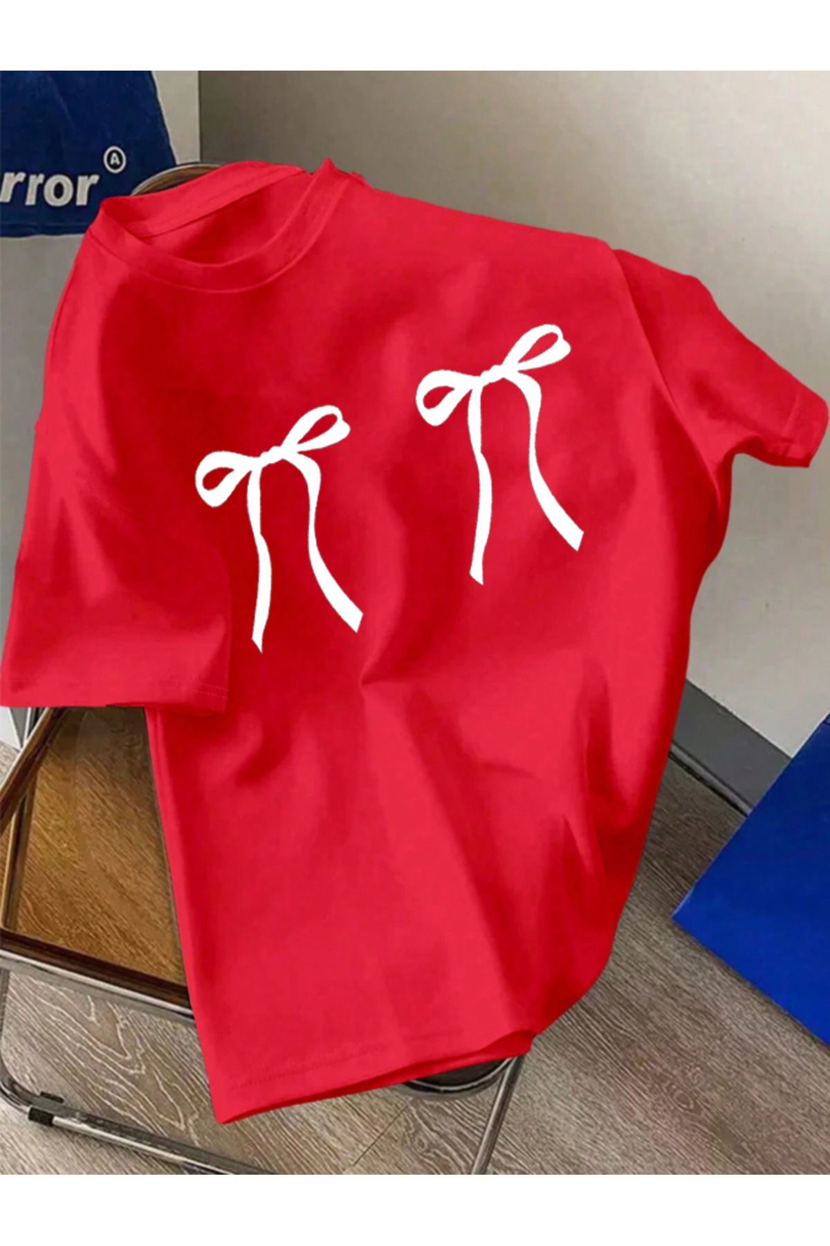 Tarzsokak Unisex Erkek/Kadın KURDELE Renkli Özel Baskılı Oversize Pamuklu Bisiklet Yaka T-Shirt