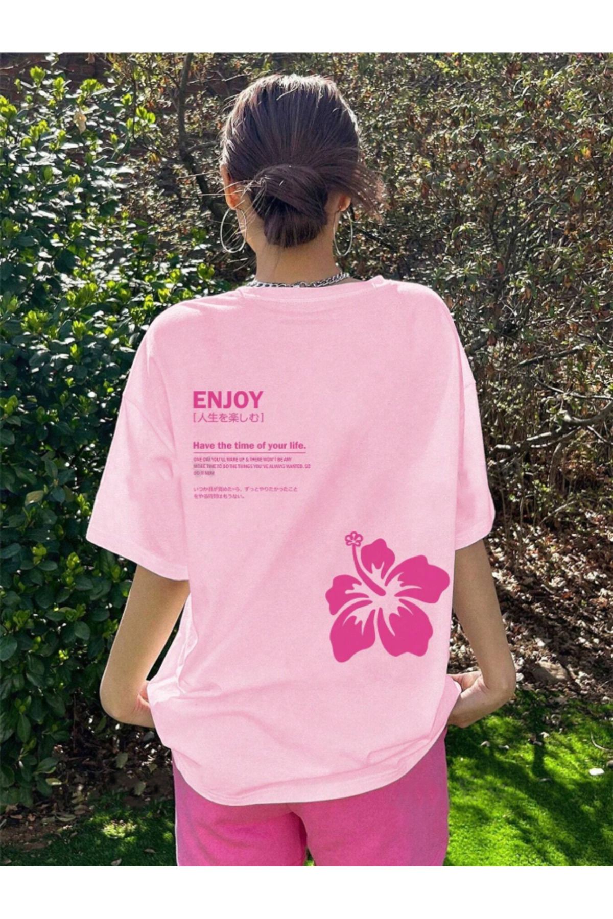 Tarzsokak Unisex Erkek/Kadın ENJOY Renkli Özel Baskılı Oversize Pamuklu Bisiklet Yaka T-Shirt