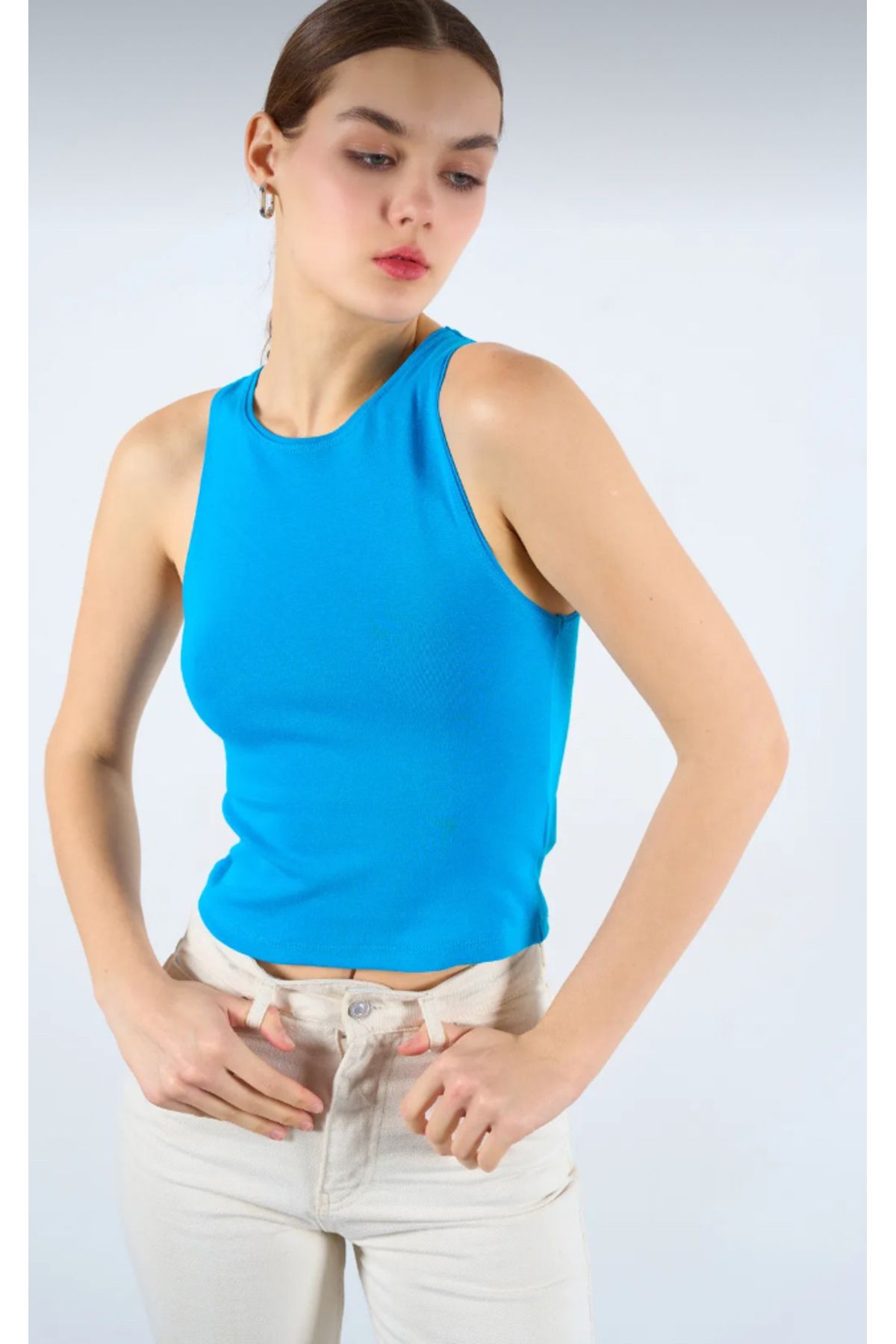 Snow Mavi halter yaka basic kadın atlet