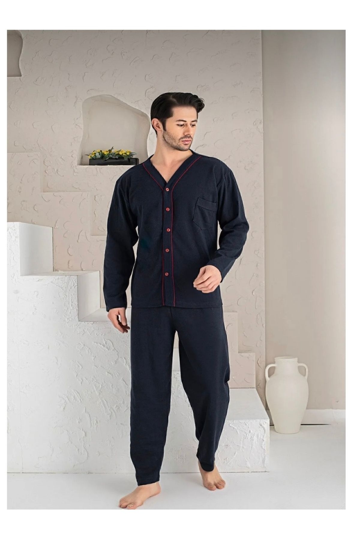 Poji Home Erkek Lacivert Düğmeli Bordo Biye Detaylı Uzun Kollu Penye Pijama Takımı