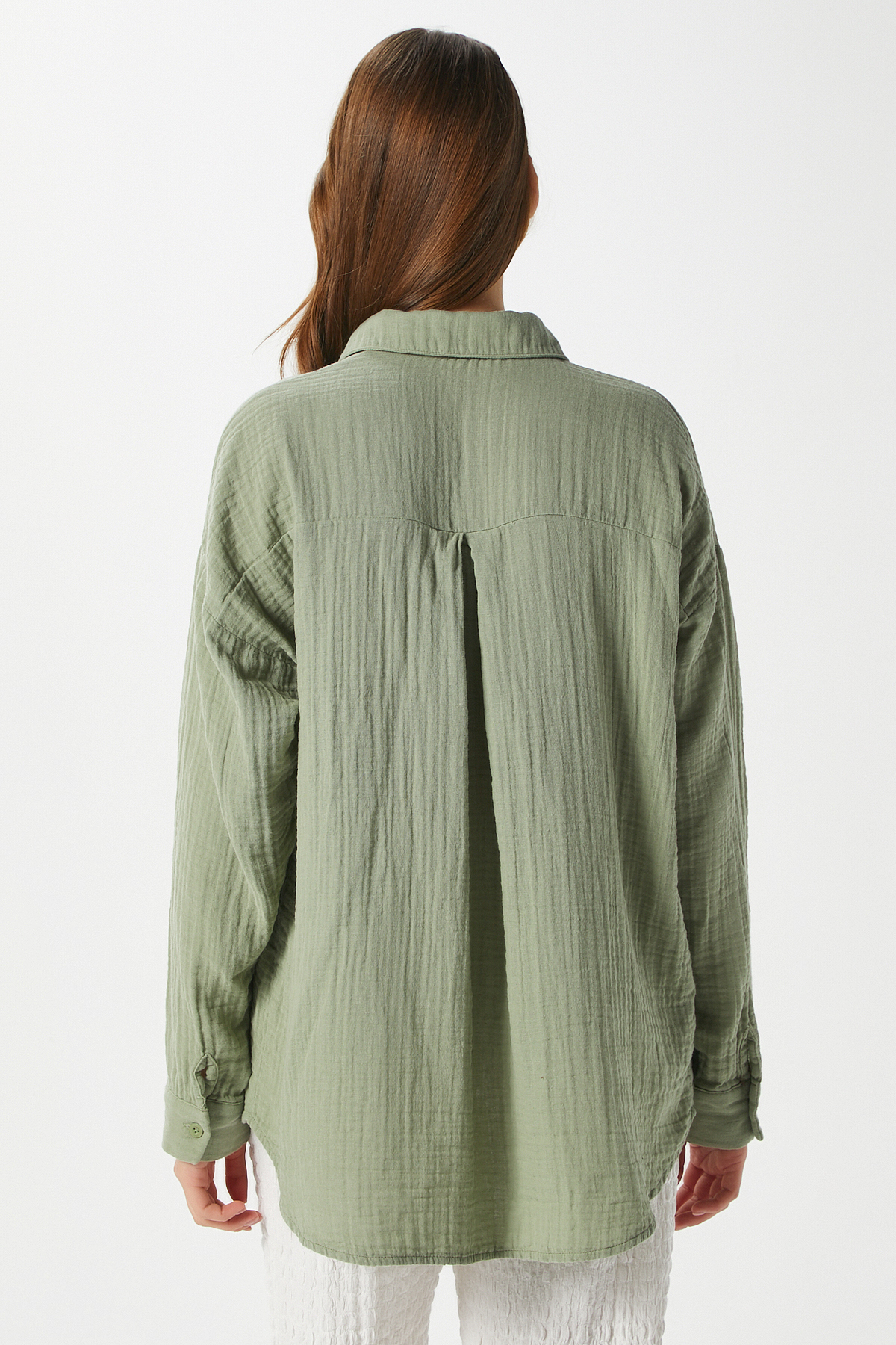 Ritnice  Kadın Tilda %100 Pamuk Müslin Oversize Haki Gömlek - Görsel 4