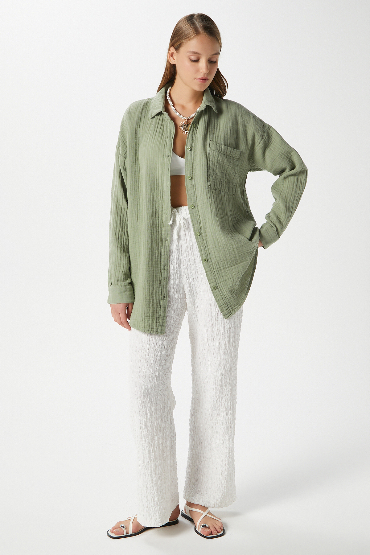 Ritnice  Kadın Tilda %100 Pamuk Müslin Oversize Haki Gömlek - Görsel 5