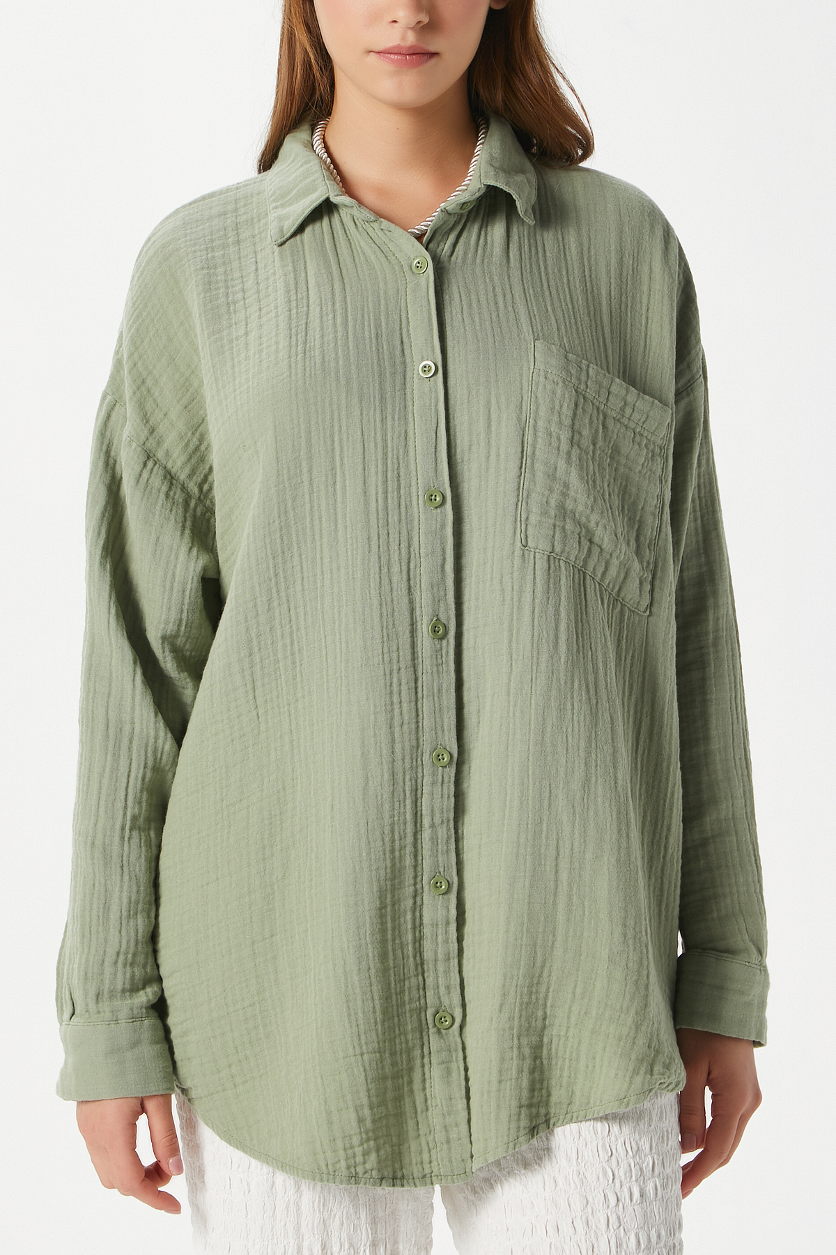 Ritnice  Kadın Tilda %100 Pamuk Müslin Oversize Haki Gömlek - Görsel 3