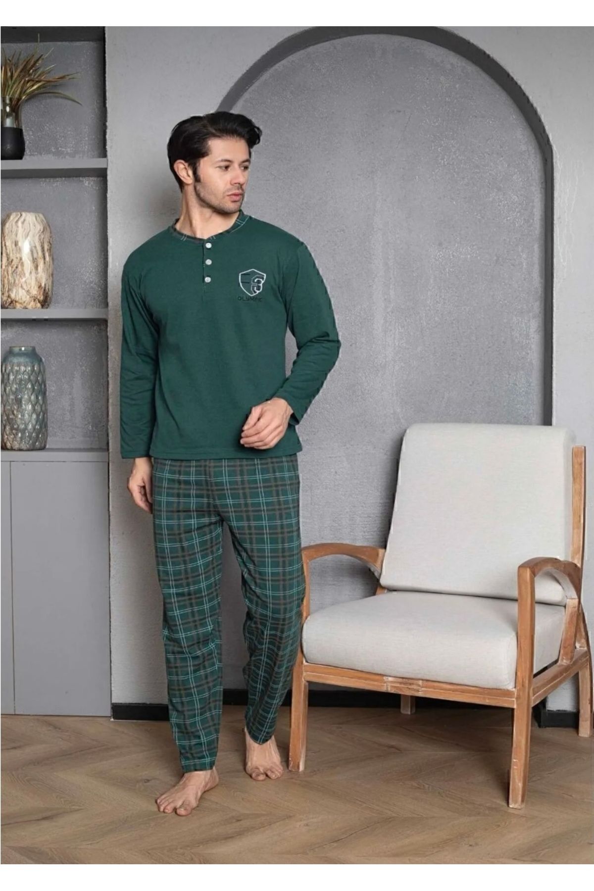 Poji Home Erkek Yeşil Düğmeli Ekose Alt Pijama Takımı