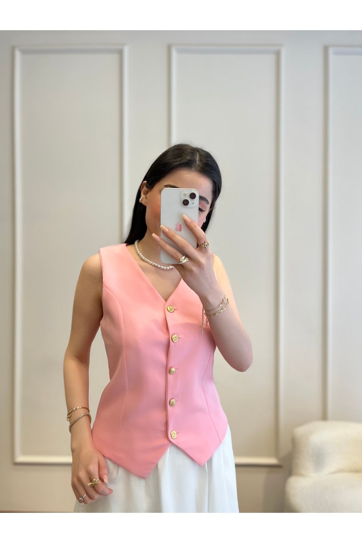 Zims Butik Gold Düğme Detaylı Yelek Pembe
