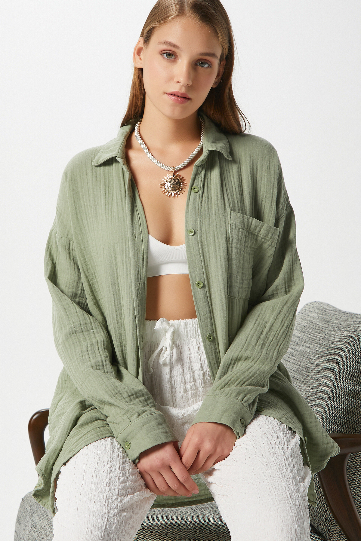 Ritnice  Kadın Tilda %100 Pamuk Müslin Oversize Haki Gömlek - Görsel 8
