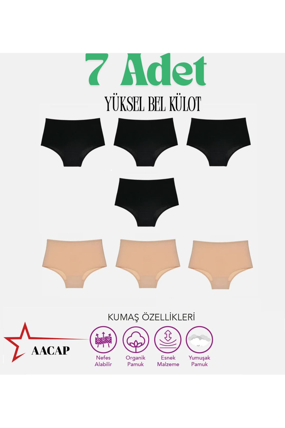 AACAP Yüksel Bel, Pamuklu ve Likralı Günlük Bato Hipster Kadın Külot 7 Adet