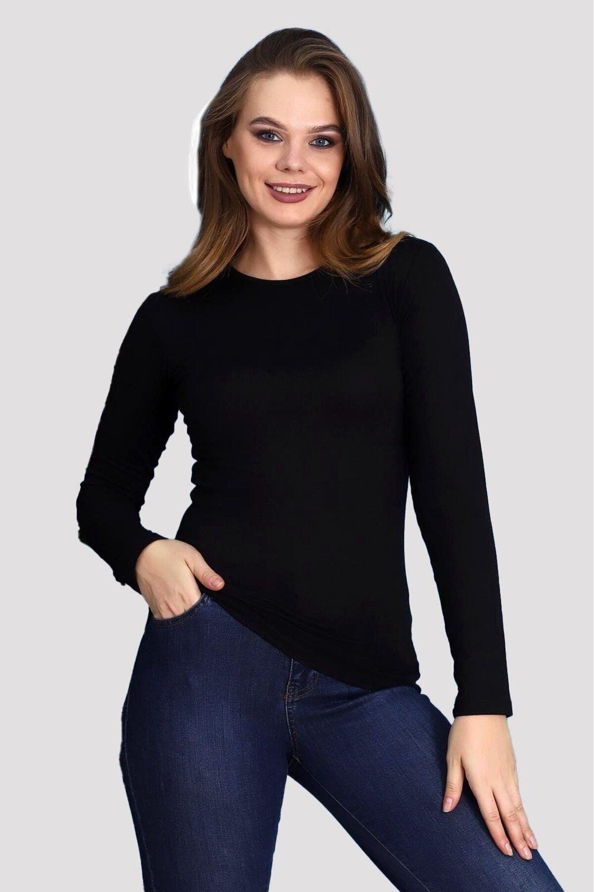 NUR TEKSTİL kadın siyah pamuklu penye uzun kol body