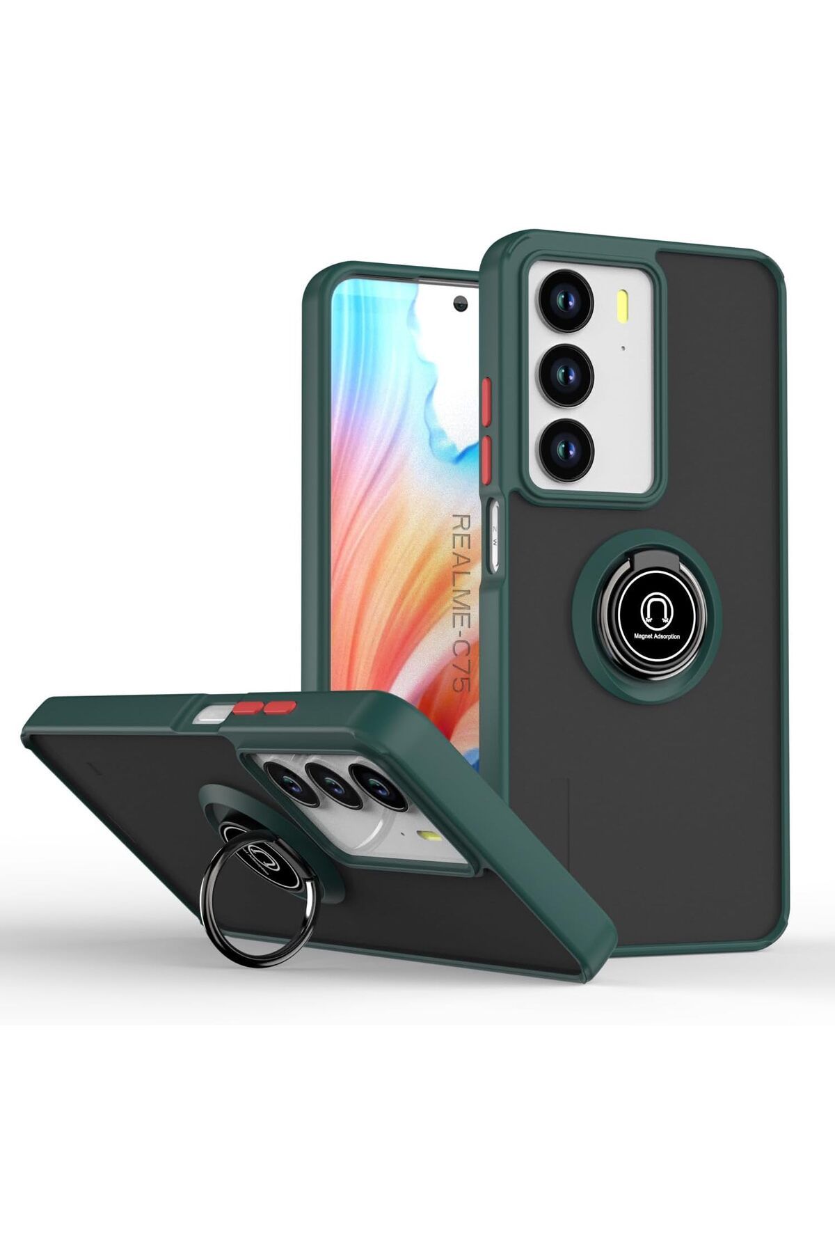 Rivor Realme C75 4G Uyumlu Kılıf Kamera Korumalı Standlı Buzlu Kenarları Renkli Yüzüklü Silikon Kapak