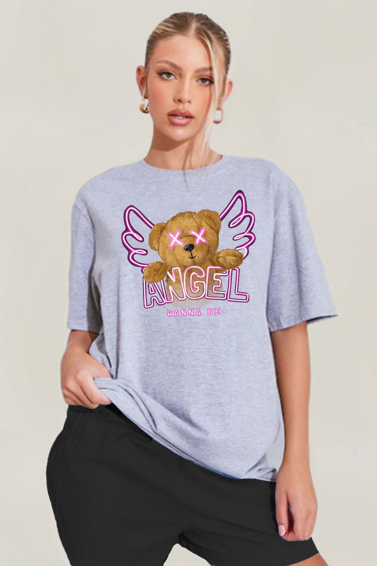 MODA Teddy Bear Angel Neon Melek Baskılı Oversize Kalıp Grimelanj Geniş Bol Kesim Kadın Tişört