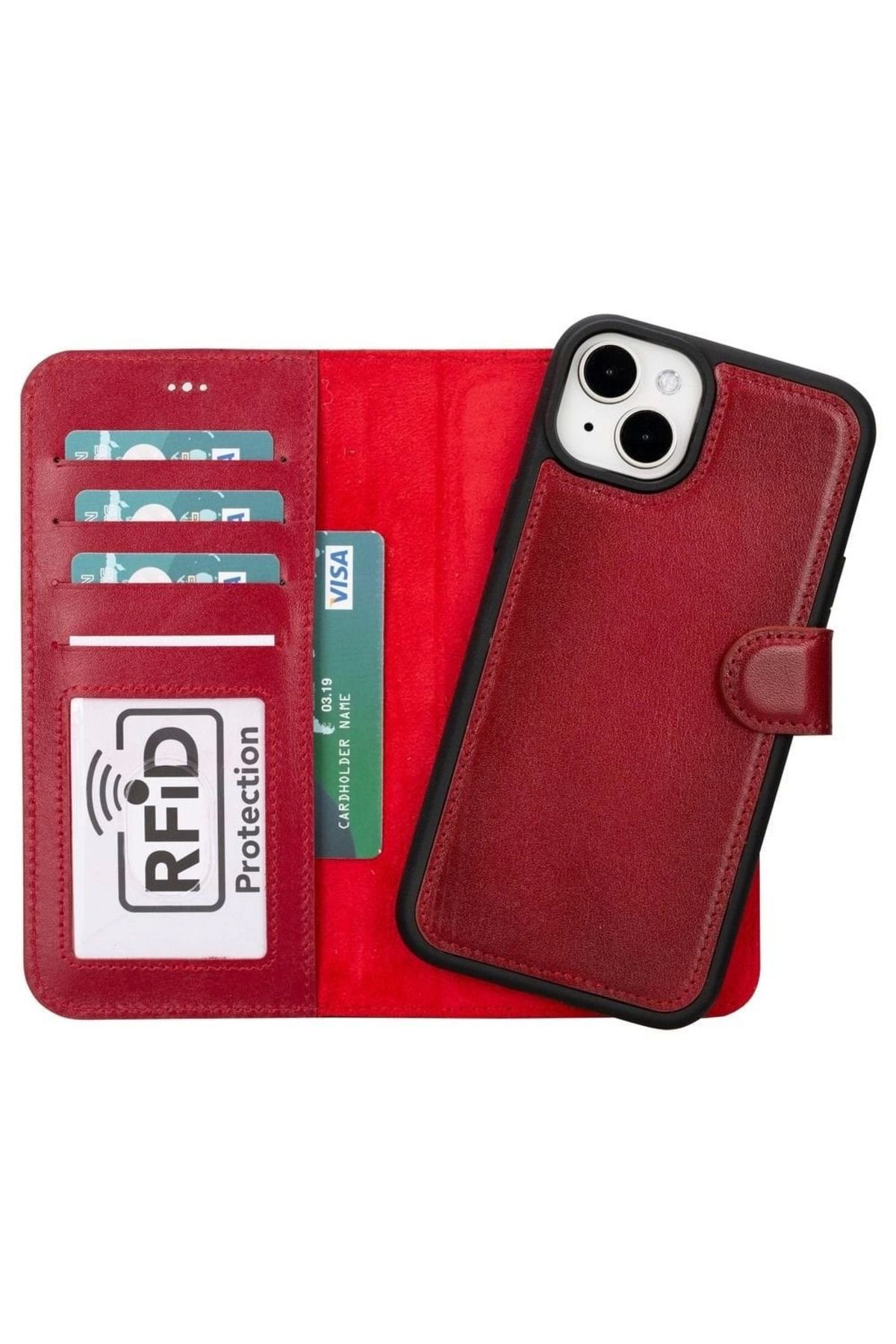 feifei Apple iPhone 15 Plus Uyumlu Deri Cüzdanlı Kılıf MWWN V4EF Kırmızı