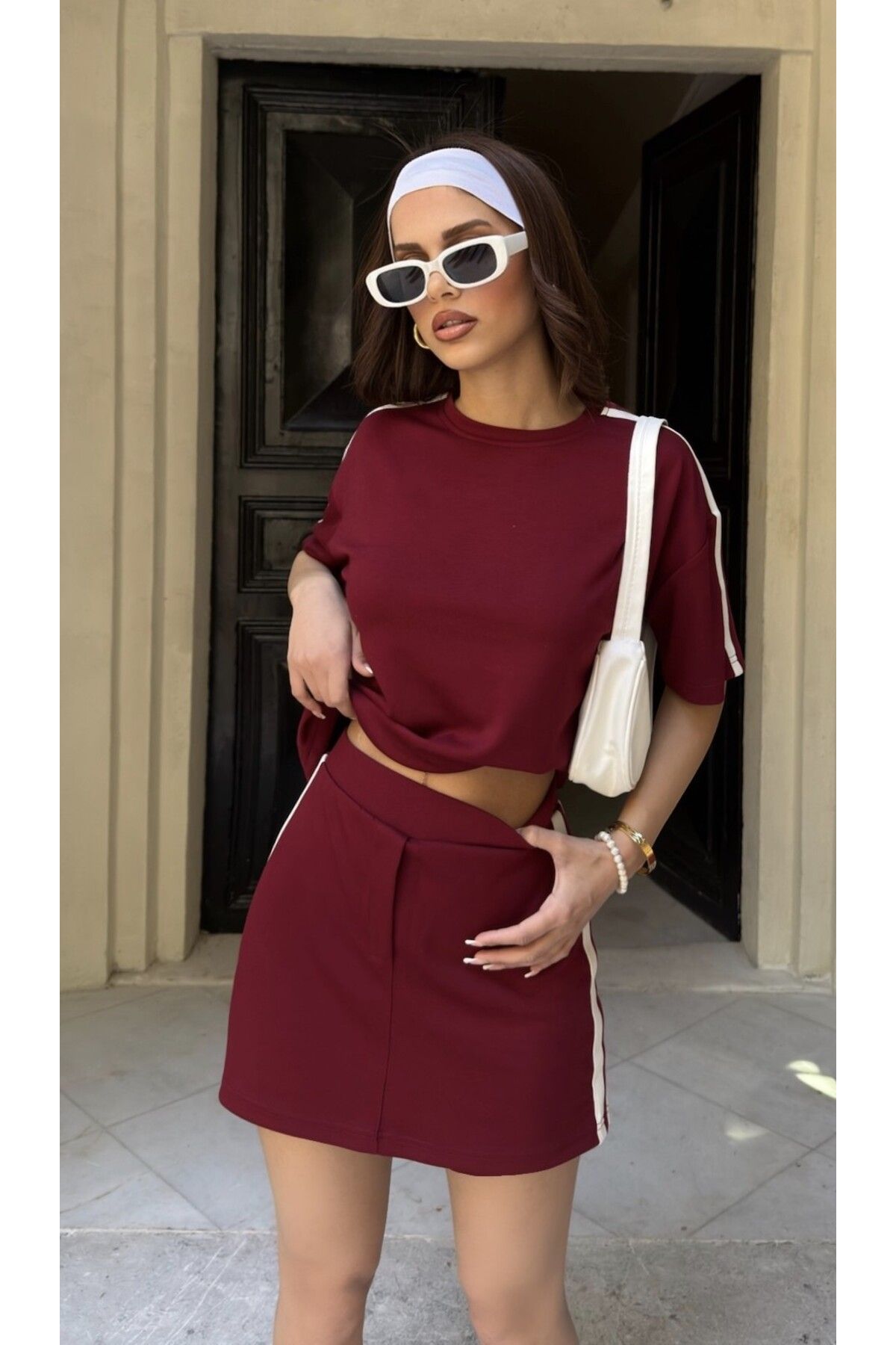 Belle Perre Modal Kumaş Şeritli Şort Etek Tshirt Takım