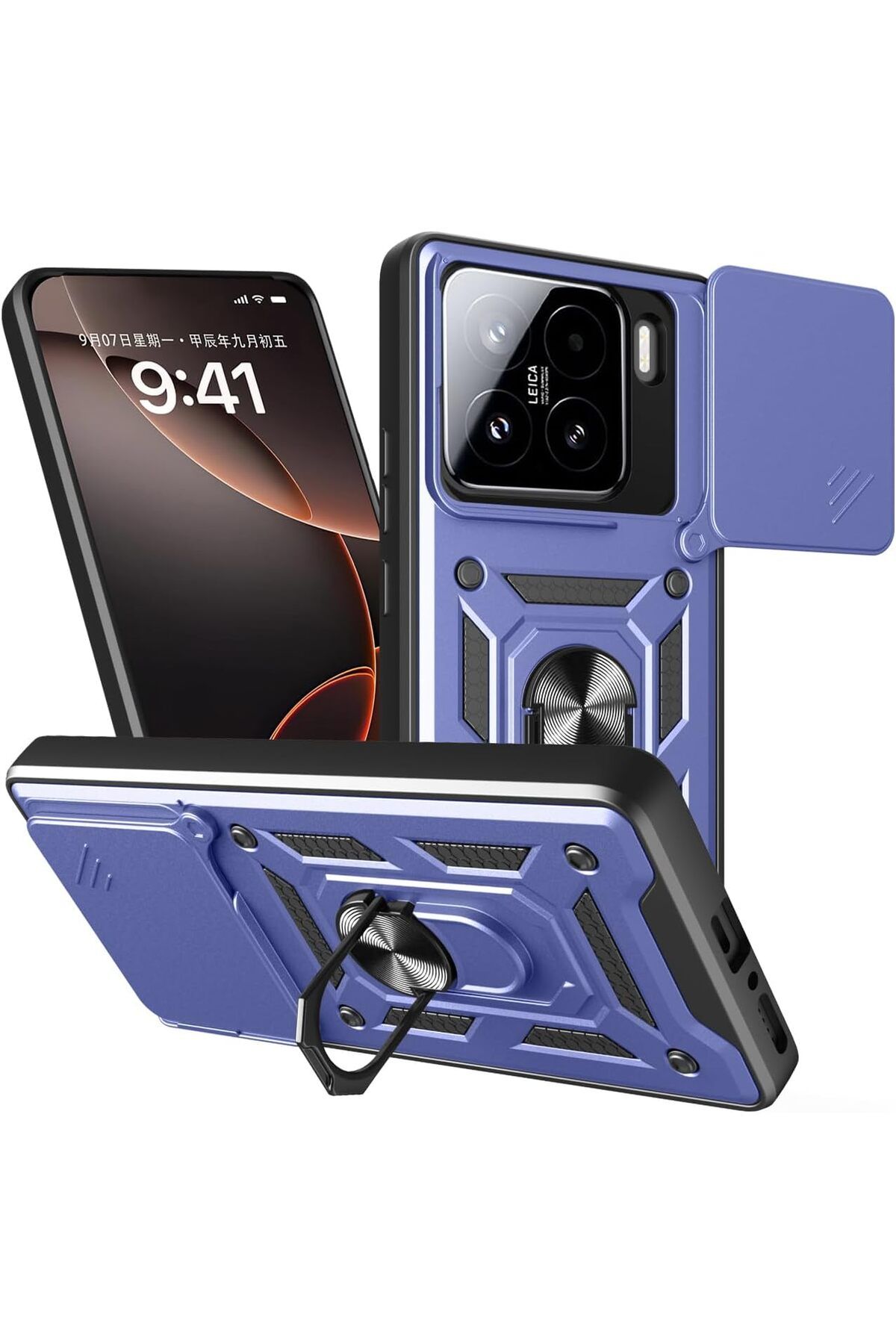 Rivor Xiaomi Mi 15 Uyumlu Kılıf Kamera Sürgülü Standlı Yüzüklü Darbe Emici Zırh Koruyucu Tank Kapak