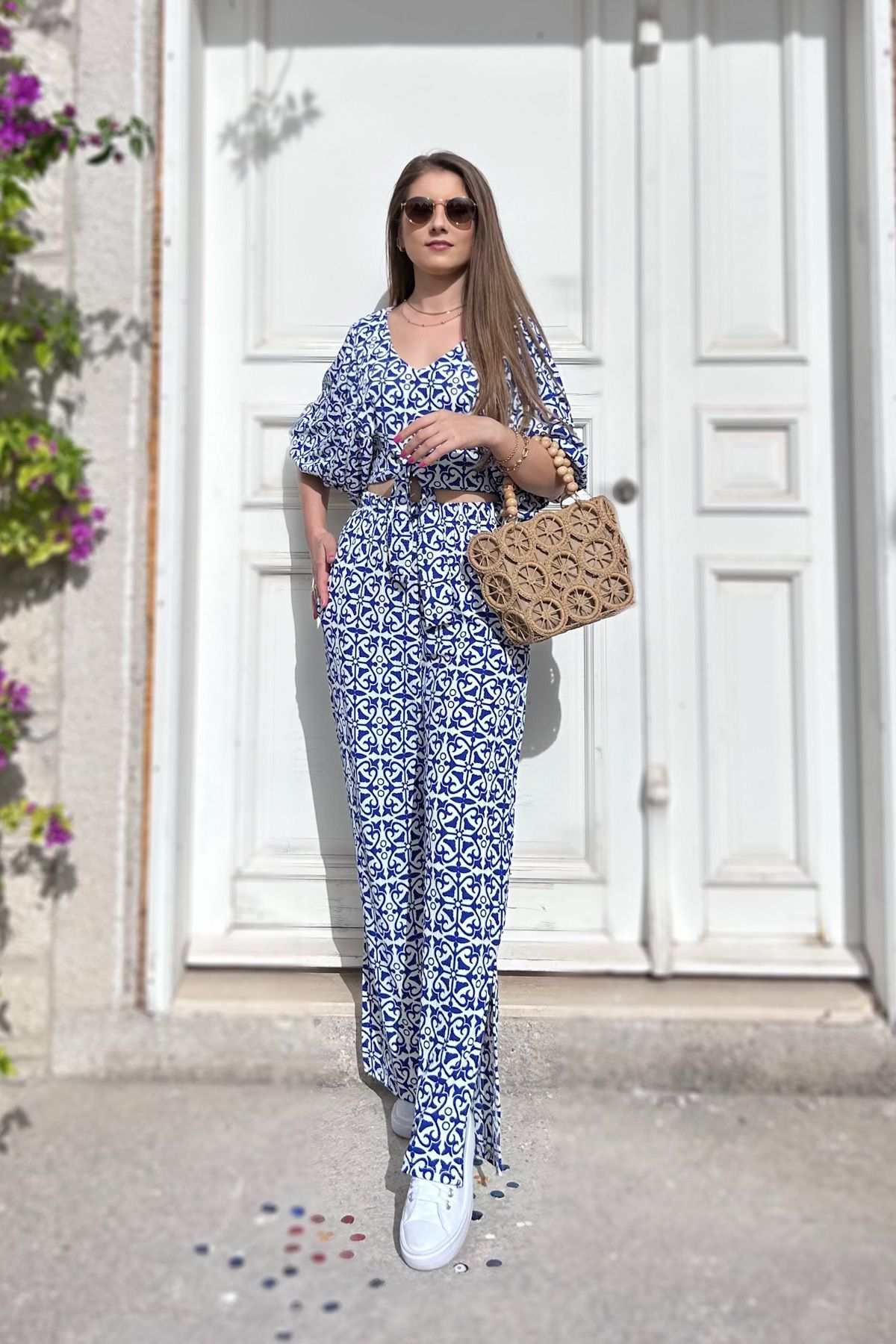 Mila-Blue Patterned Blouse Pants Set 5