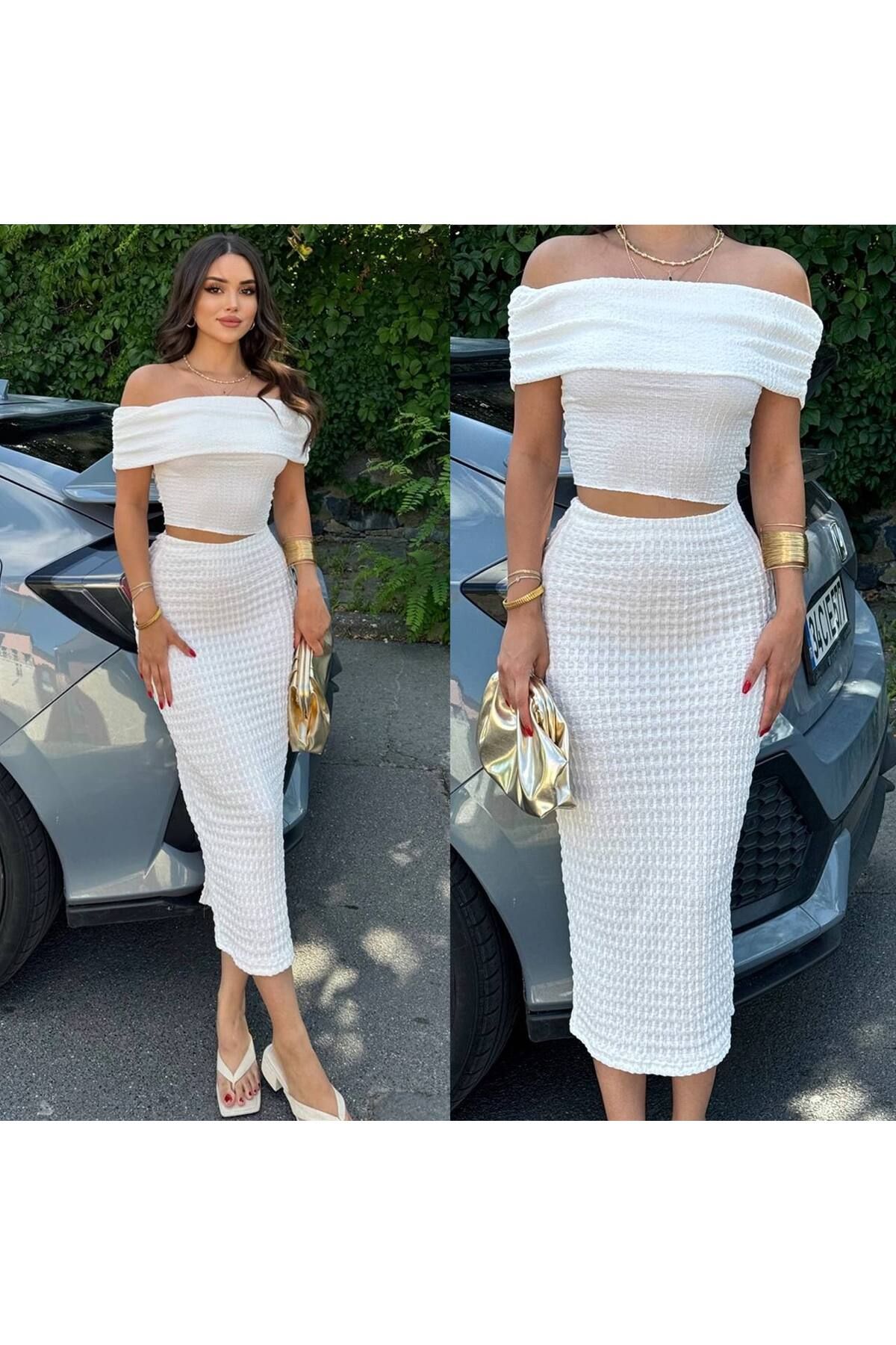 MetuCA Madonna Yaka Gofre Kumaş Crop Bluz - Kadın Yeni Model