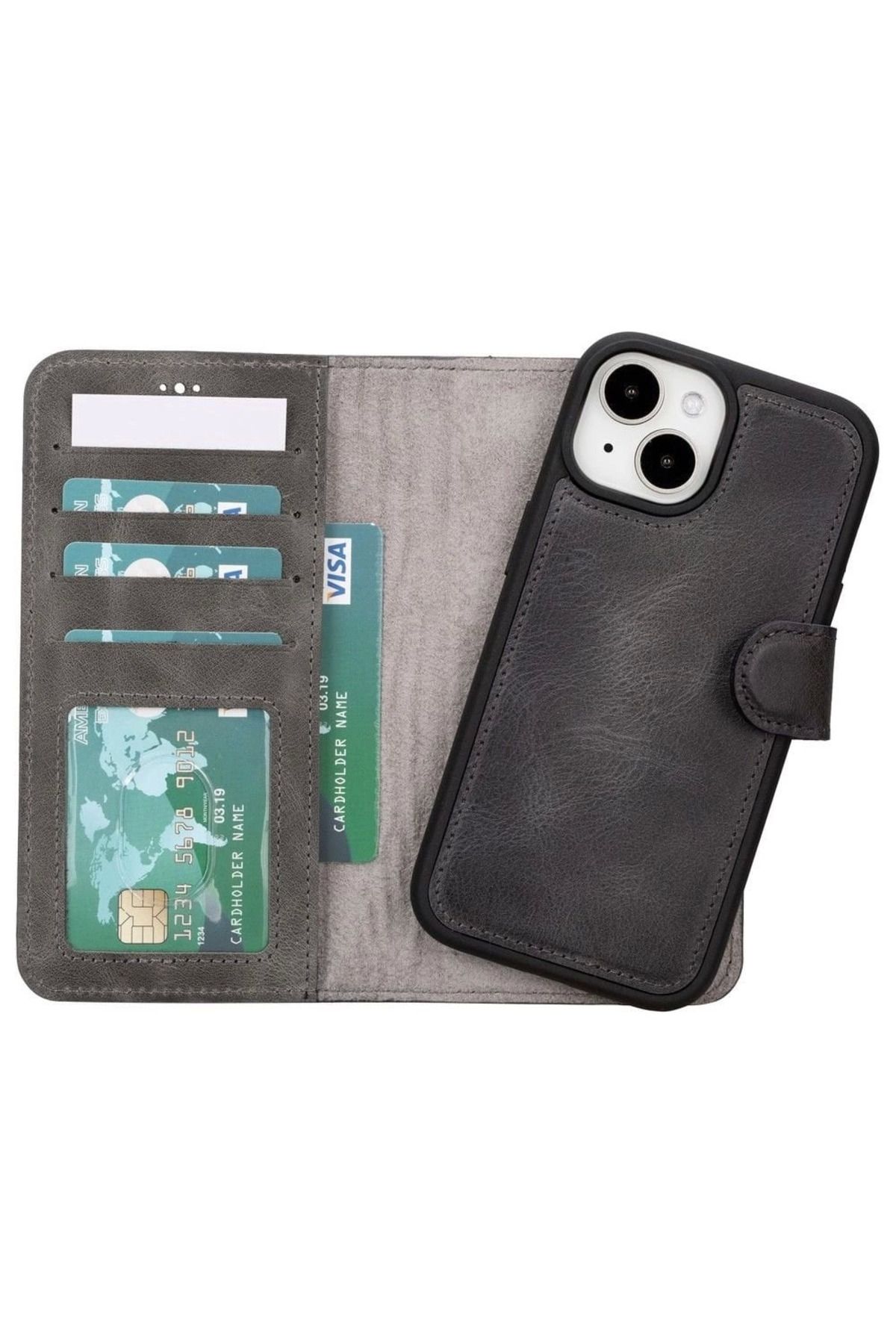 feifei iPhone 15 Uyumlu Deri Cüzdanlı Kılıf MWWN VS4EF Gri