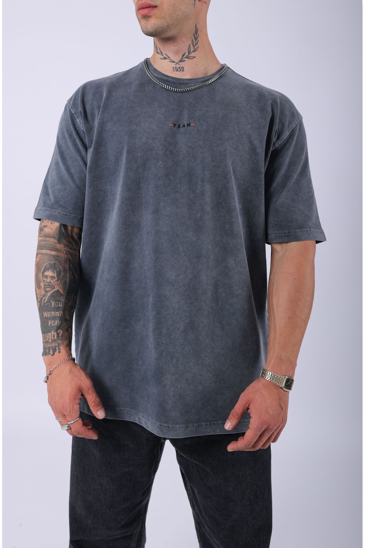 Lescho UNISEX "YEAH" NAKIŞLI ÖZEL YIKAMALI OVERSIZE T-SHIRT