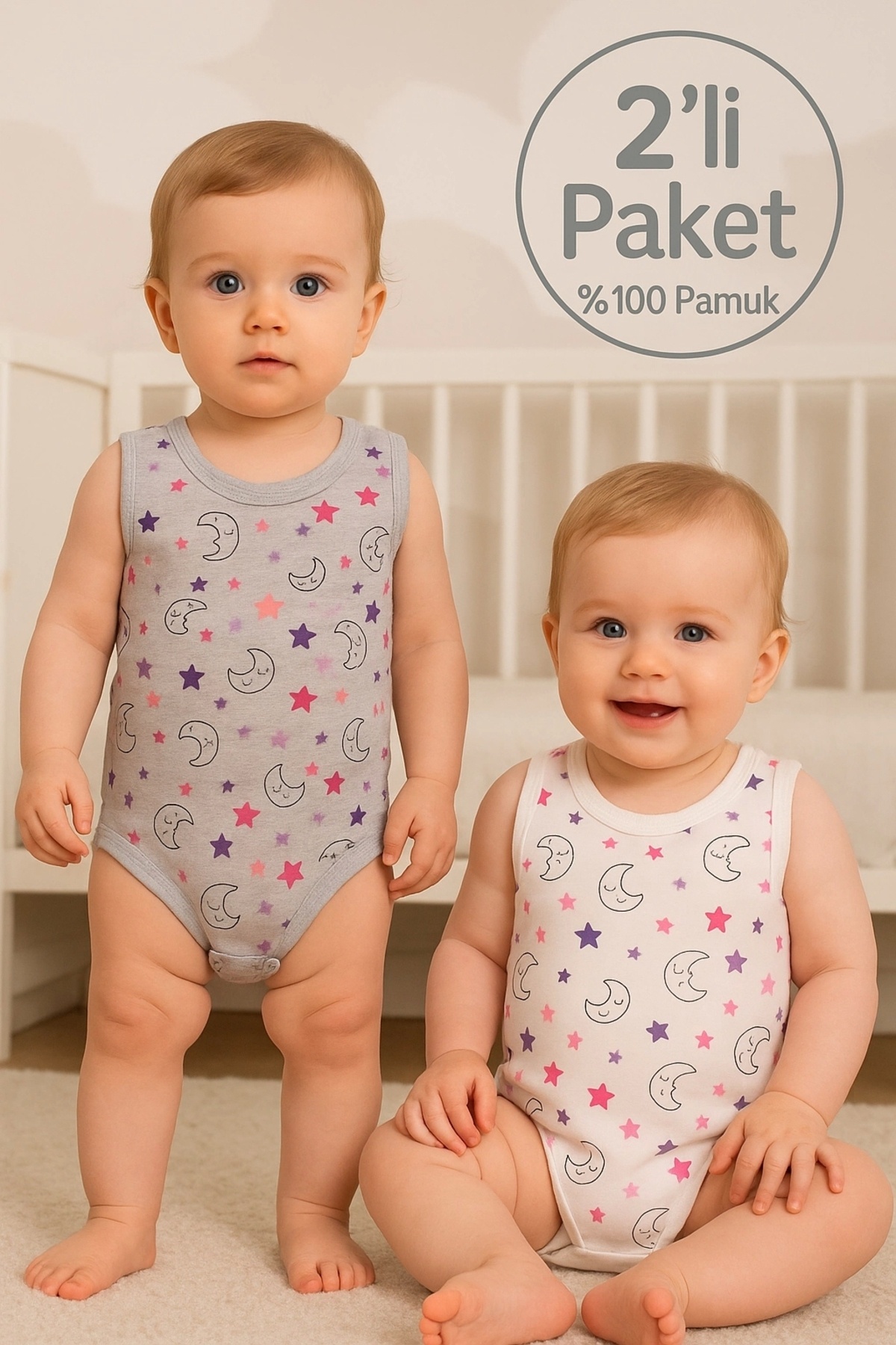 Babydonat Ayyıldız Desenli 2'li Paket % 100 Pamuk Kız Bebek Askılı Body Seti fotoğrafı 2 (önizleme)
