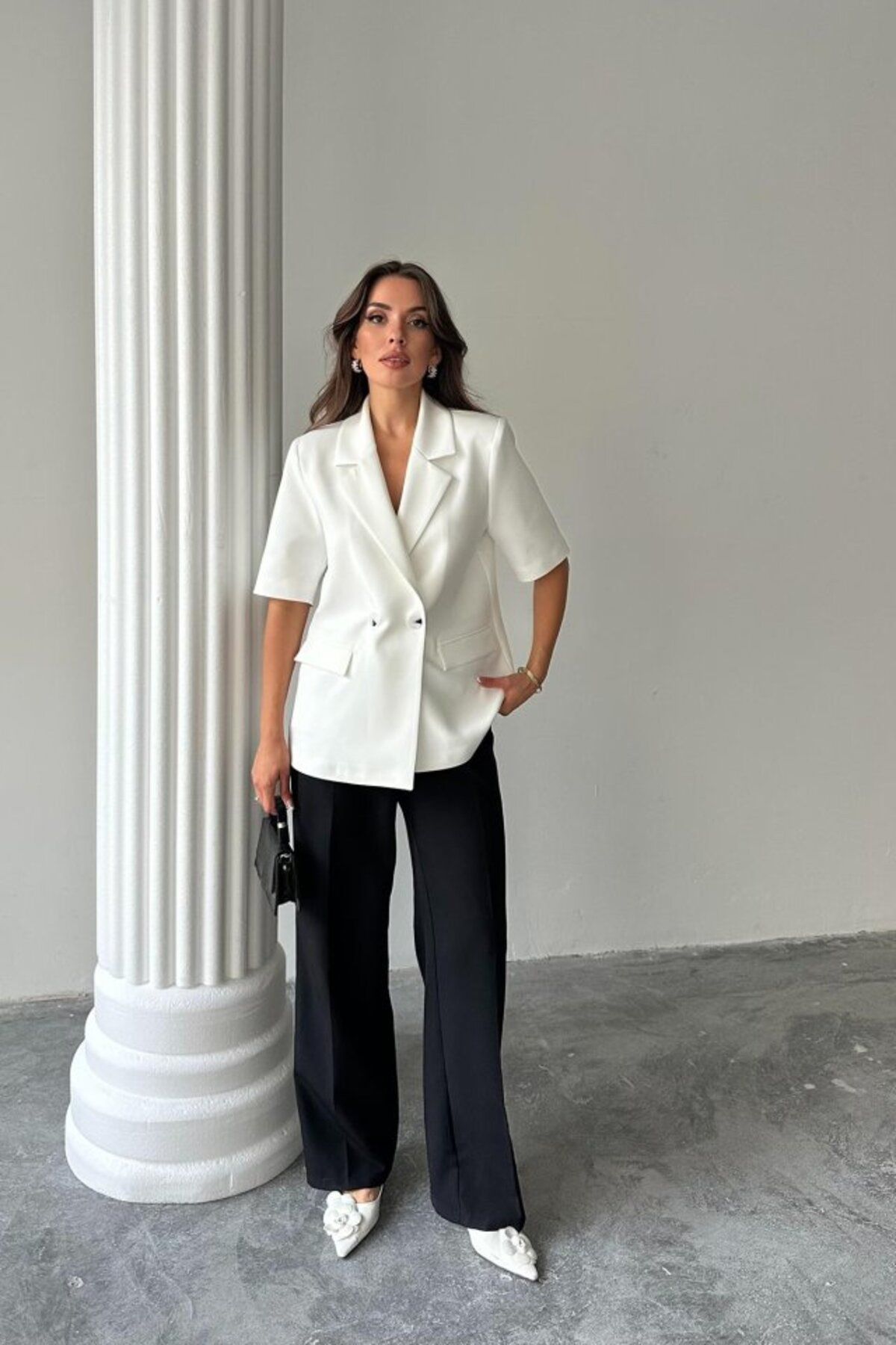 ASFSTORE Beyaz Kısa Kollu Blazer Ceket
