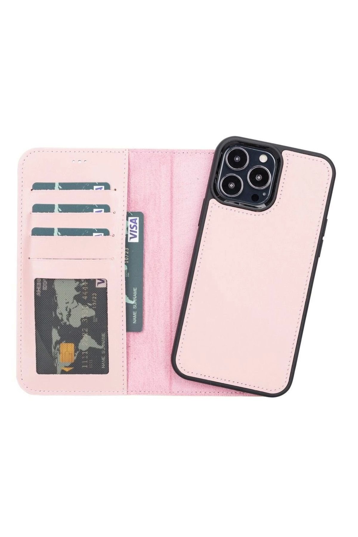 feifei Apple iPhone 13 Pro Max Uyumlu Deri Cüzdanlı Kılıf NU2 Pembe
