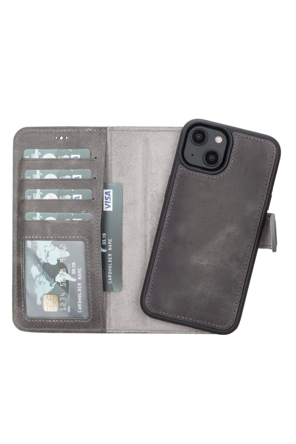 feifei iPhone 14 Uyumlu Deri Cüzdanlı Kılıf MWWN VS4EF Gri