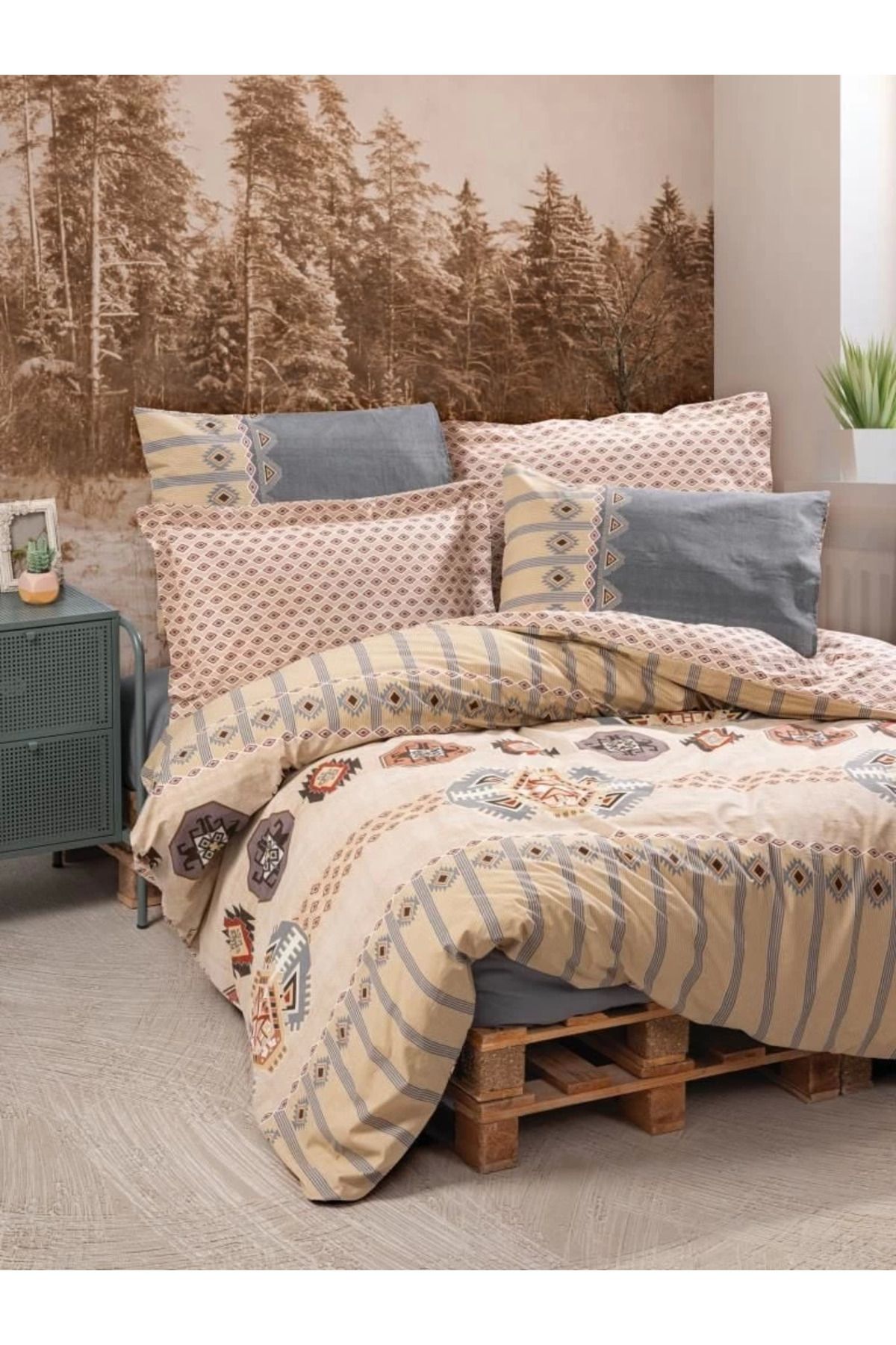 MELFSHOP Cotton Box Etnich Nevresim Takımı Çift Kişilik Dakota Gri