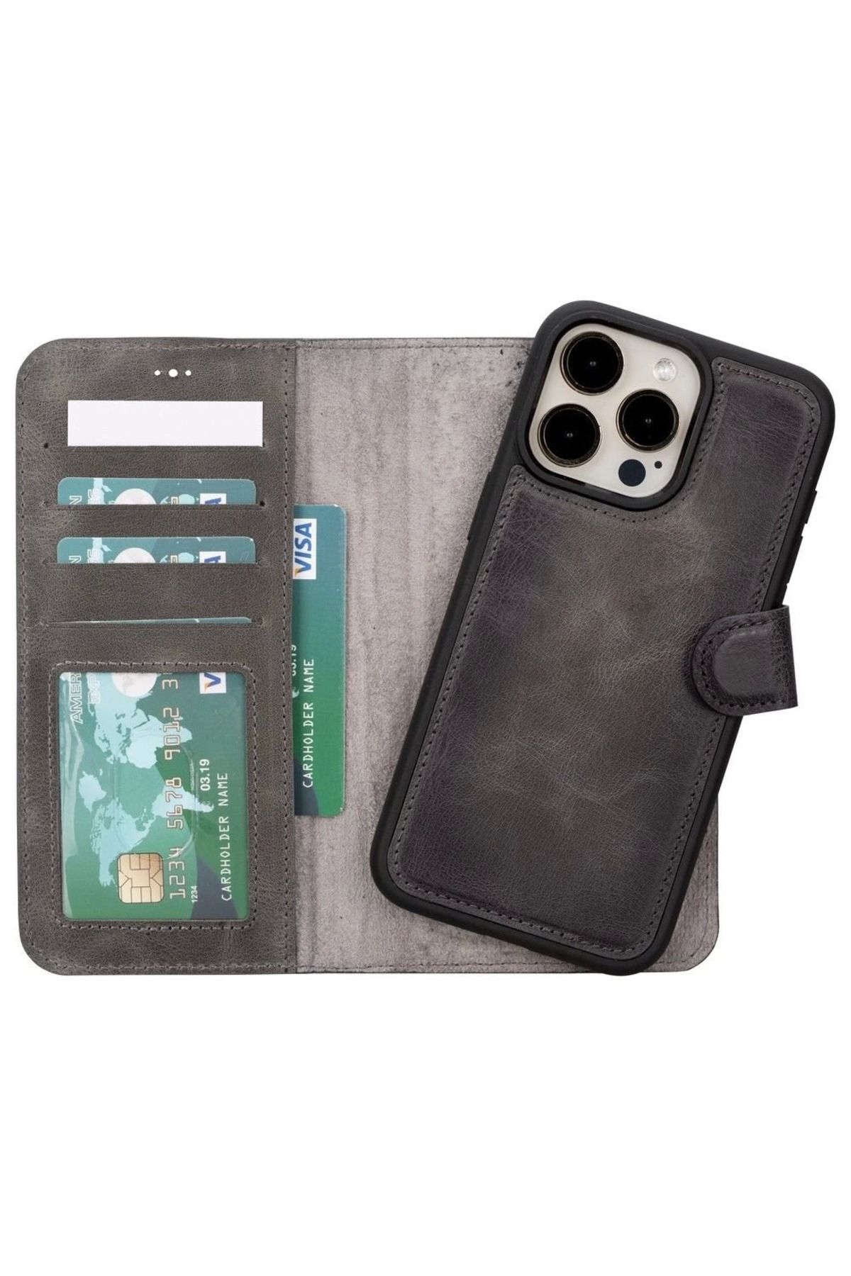 Angoravi Apple iPhone 15 Pro Max Uyumlu Deri Cüzdanlı Kılıf MWWN VS4EF Gri