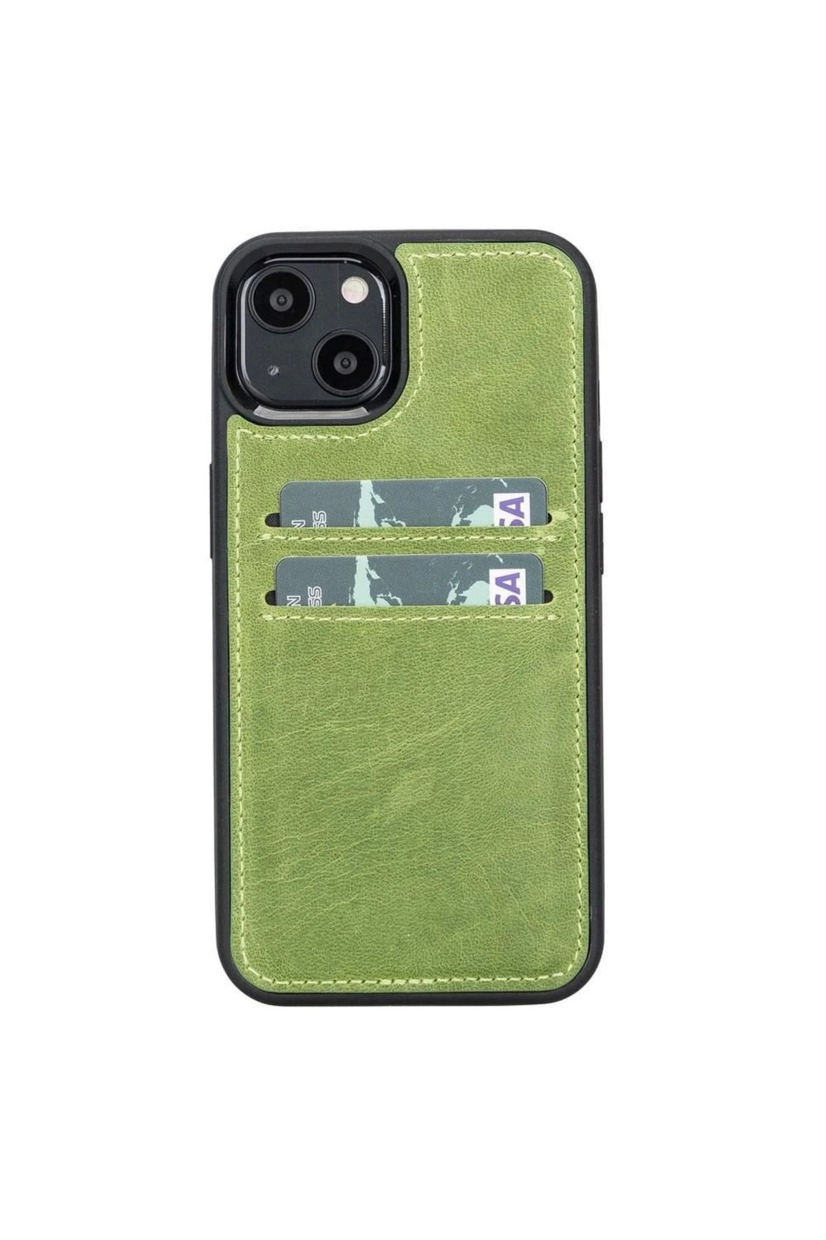 Angoravi Apple iPhone 13 Uyumlu Deri Kartlıklı Arka Kapak G16 Yeşil