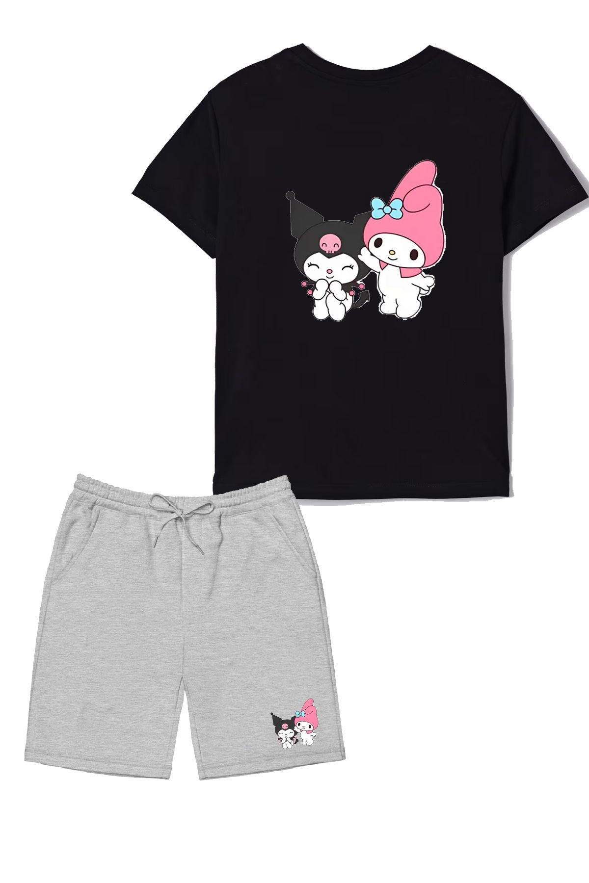 makiteks 2'li Set Baskılı Kız Çocuk Pamuk Şort Tshirt Takım Kuromi 5 6 7 8 9 10 11 12 13 14 yaş Tişört