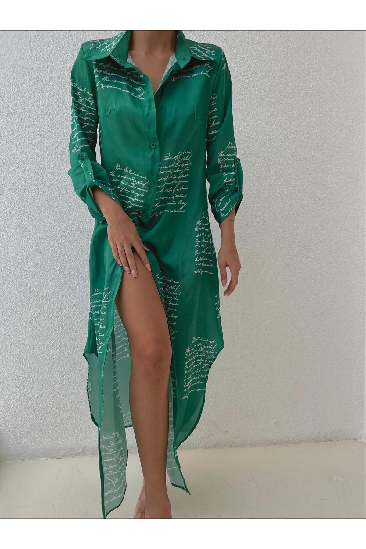 mass fashion Kadın Saten Yazı Desenli Gömlek Elbise