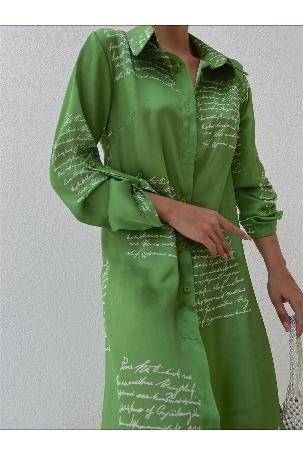 mass fashion Kadın Saten Yazı Desenli Gömlek Elbise