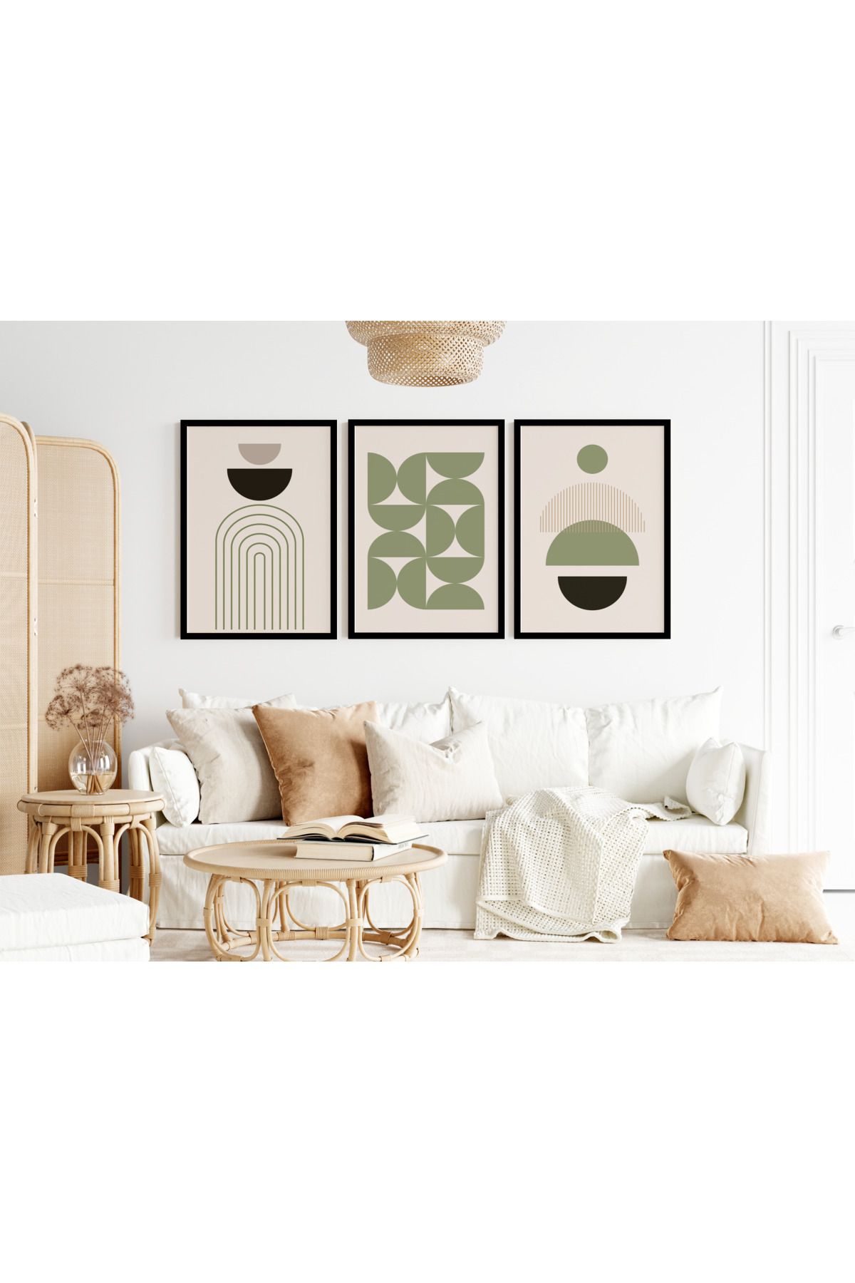 Pi Dekorasyon Modern Soyut 3'lü Tablo Seti - Modern Yeşil Dokunuş - Green Minimalist Wall Art - BH2013
