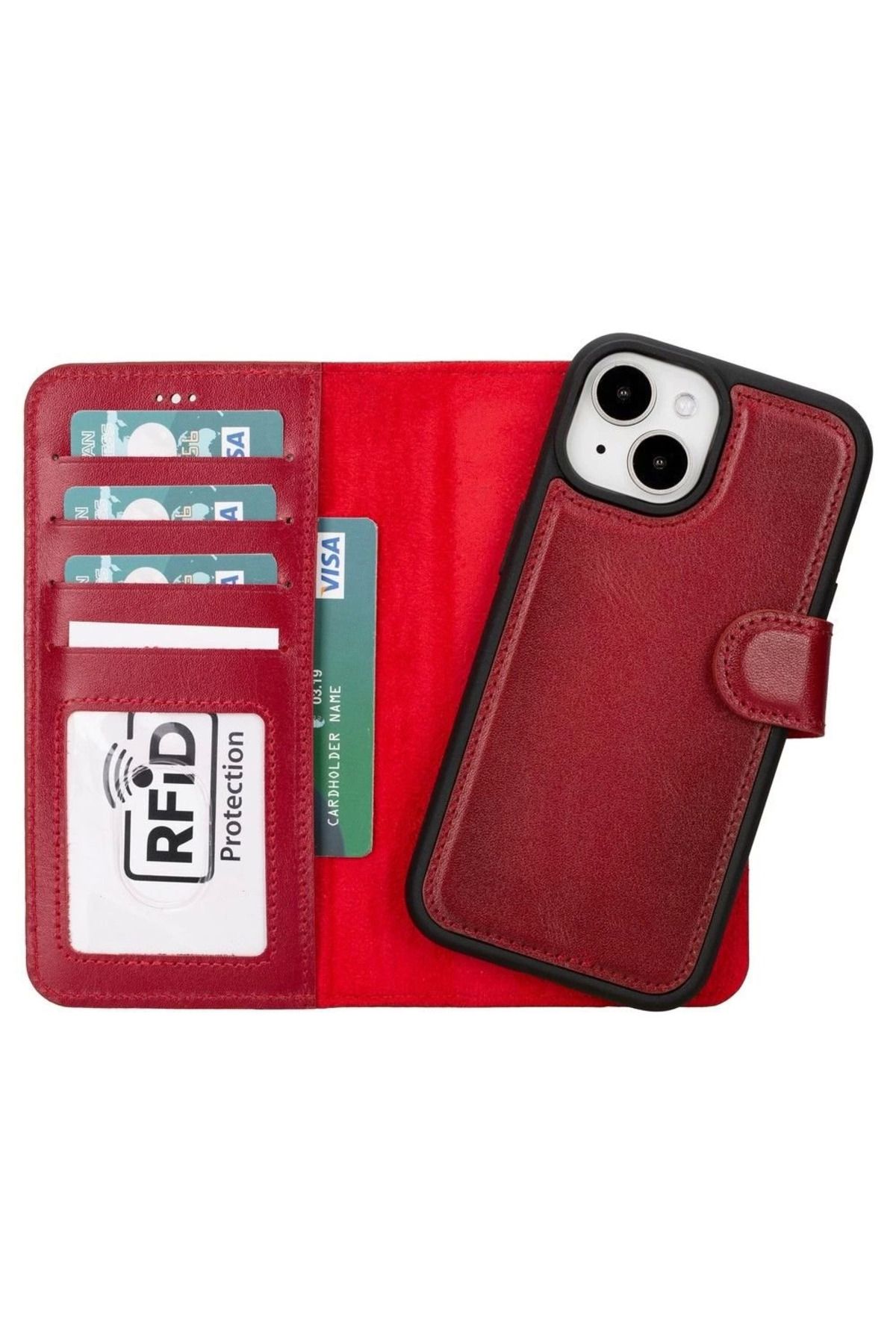 feifei iPhone 15 Uyumlu Deri Cüzdanlı Kılıf MWWN V4EF Kırmızı
