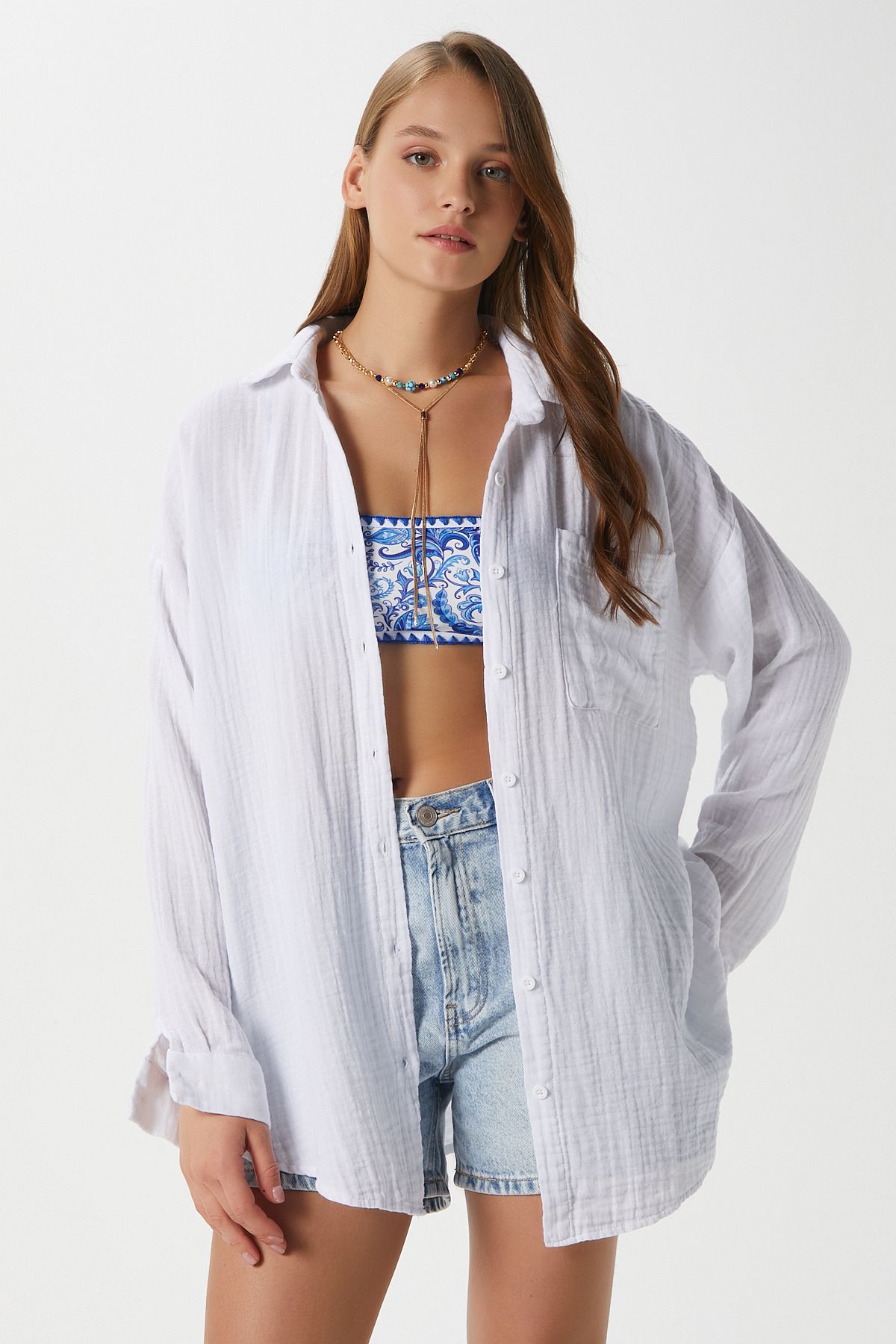 Ritnice Kadın Tilda %100 Pamuk Müslin Oversize Beyaz Gömlek