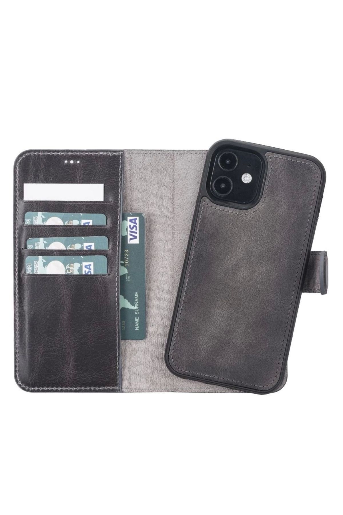 Angoravi Apple iPhone 12 Pro Uyumlu Deri Cüzdanlı Kılıf VS4EF Gri